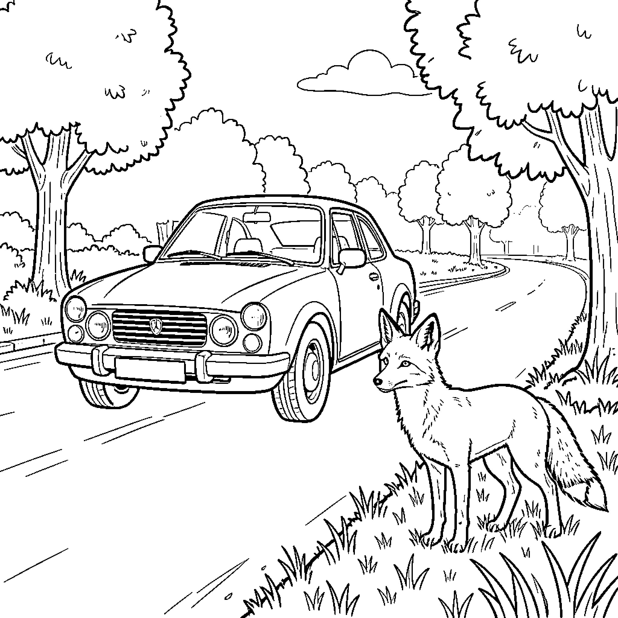 Car driving past a fox on a road Coloring Page (free black-and-white line drawing printable PDF for all, from beginners to advanced learners, including children, teens, adults, and seniors)
