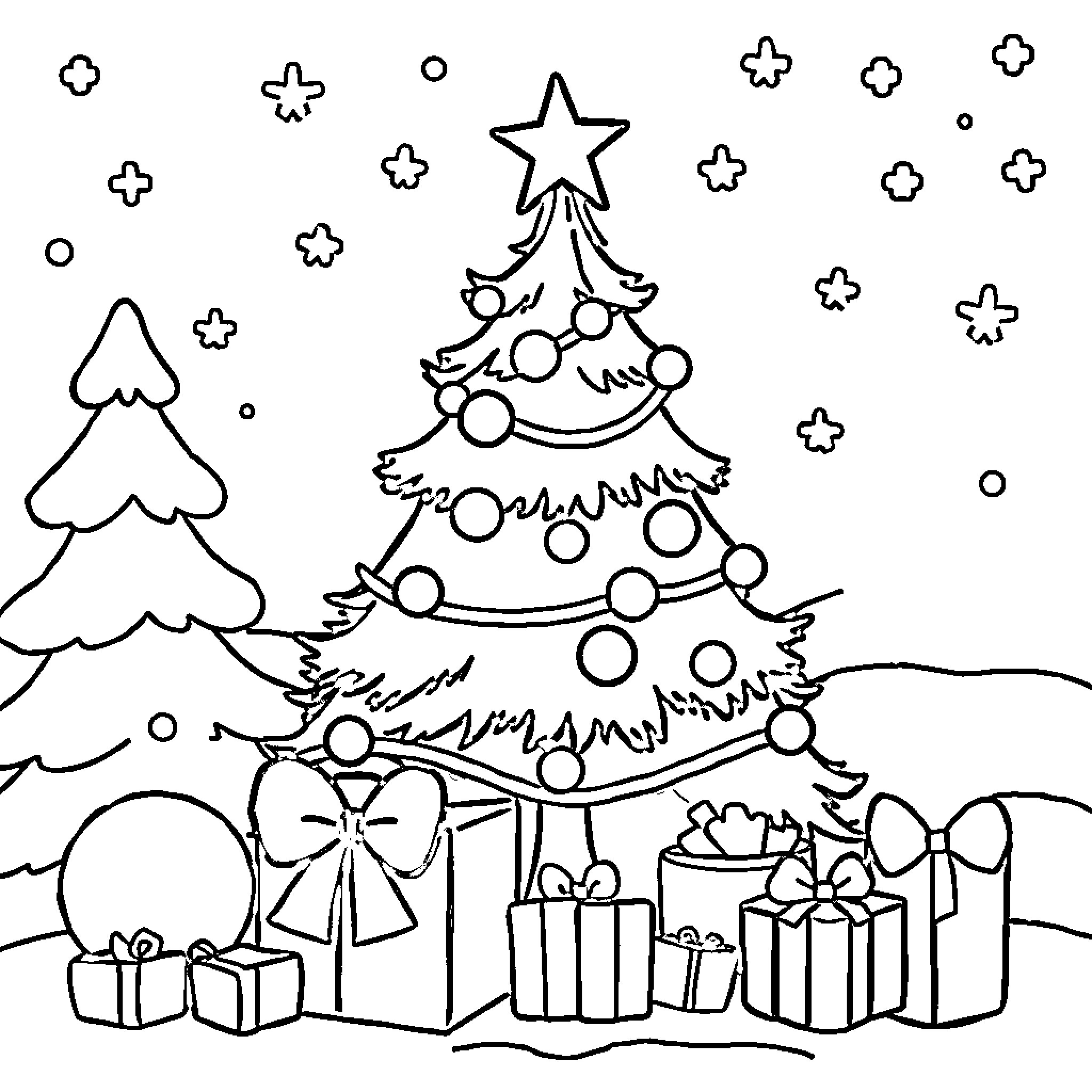 Christmas decorations and gifts under the tree Coloring Page (free black-and-white line drawing printable PDF for all, from beginners to advanced learners, including children, teens, adults, and seniors)