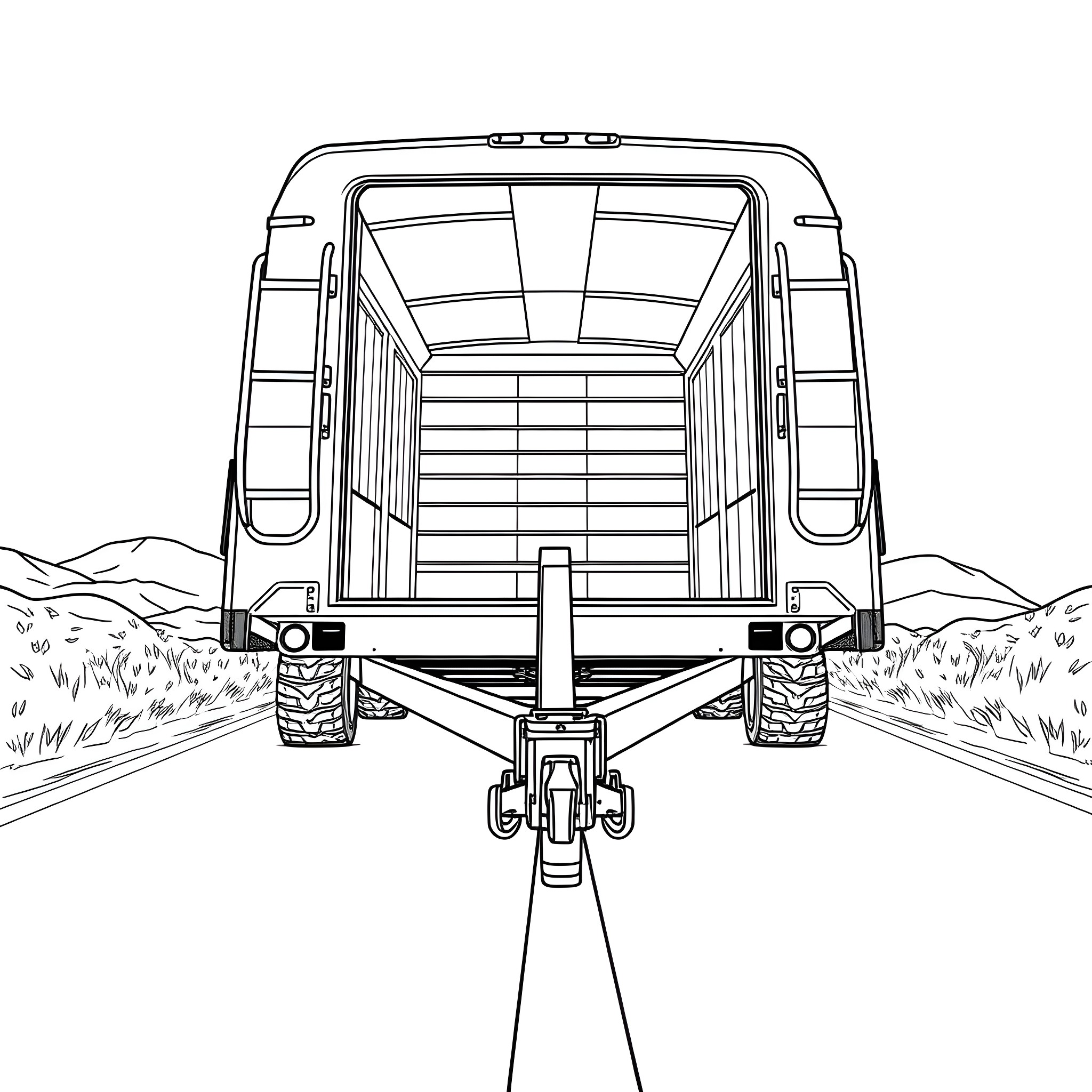 Car Trailer Transporting Goods on the Road Coloring Page (free black-and-white line drawing printable PDF for all, from beginners to advanced learners, including children, teens, adults, and seniors)