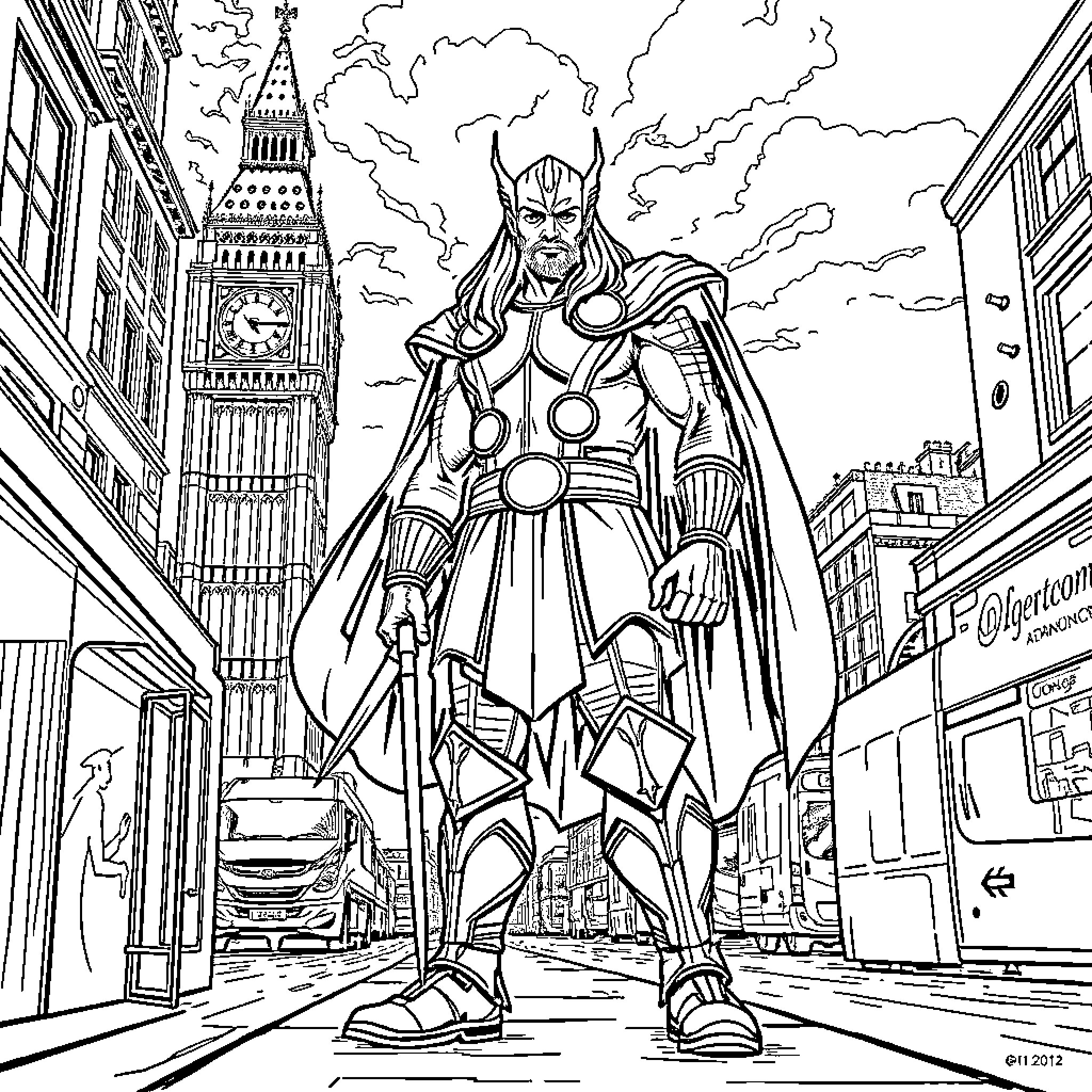 Thor Stands Tall in the City Skyline Coloring Page (free black-and-white line drawing printable PDF for all, from beginners to advanced learners, including children, teens, adults, and seniors)