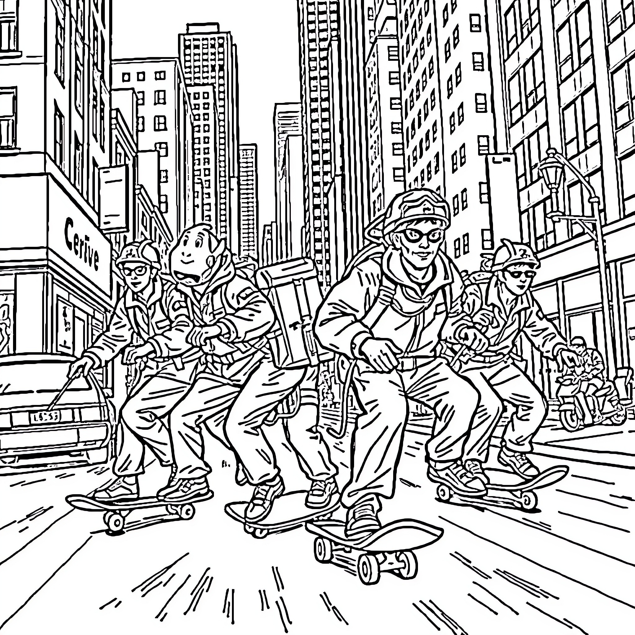 Ghostbusters riding hoverboards through busy city streets Coloring Page (free black-and-white line drawing printable PDF for all, from beginners to advanced learners, including children, teens, adults, and seniors)