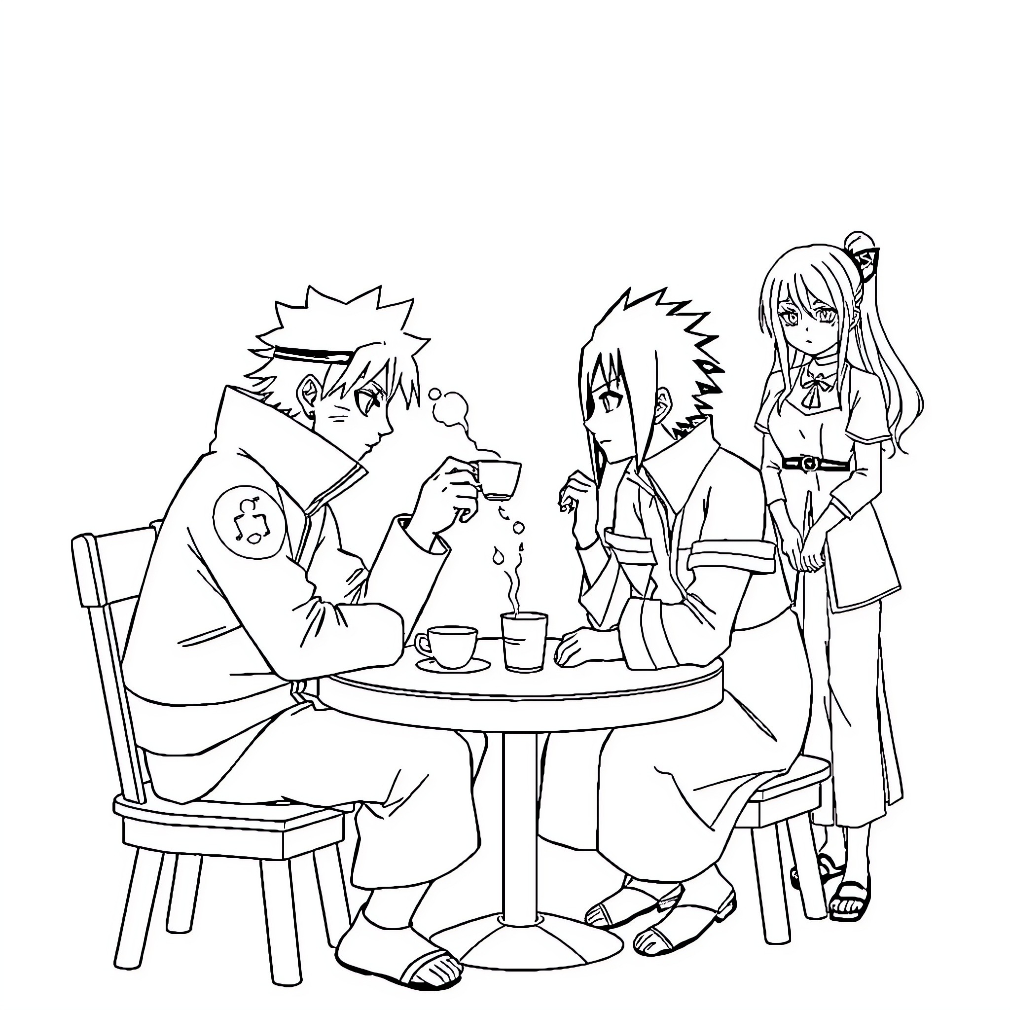Naruto characters enjoying tea and conversation Coloring Page (free black-and-white line drawing printable PDF for all, from beginners to advanced learners, including children, teens, adults, and seniors)