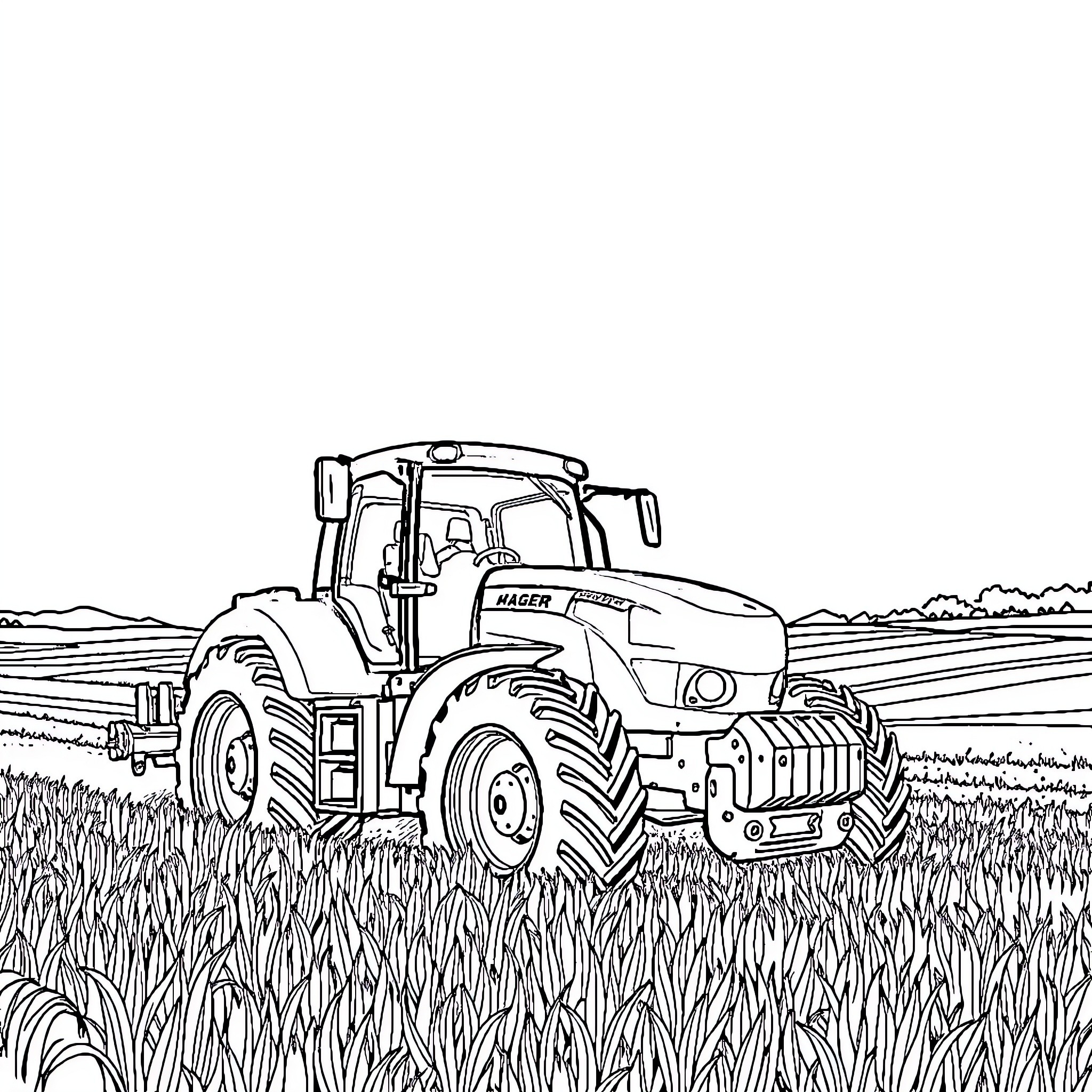 Tractor working diligently in the rural field Coloring Page (free black-and-white line drawing printable PDF for all, from beginners to advanced learners, including children, teens, adults, and seniors)