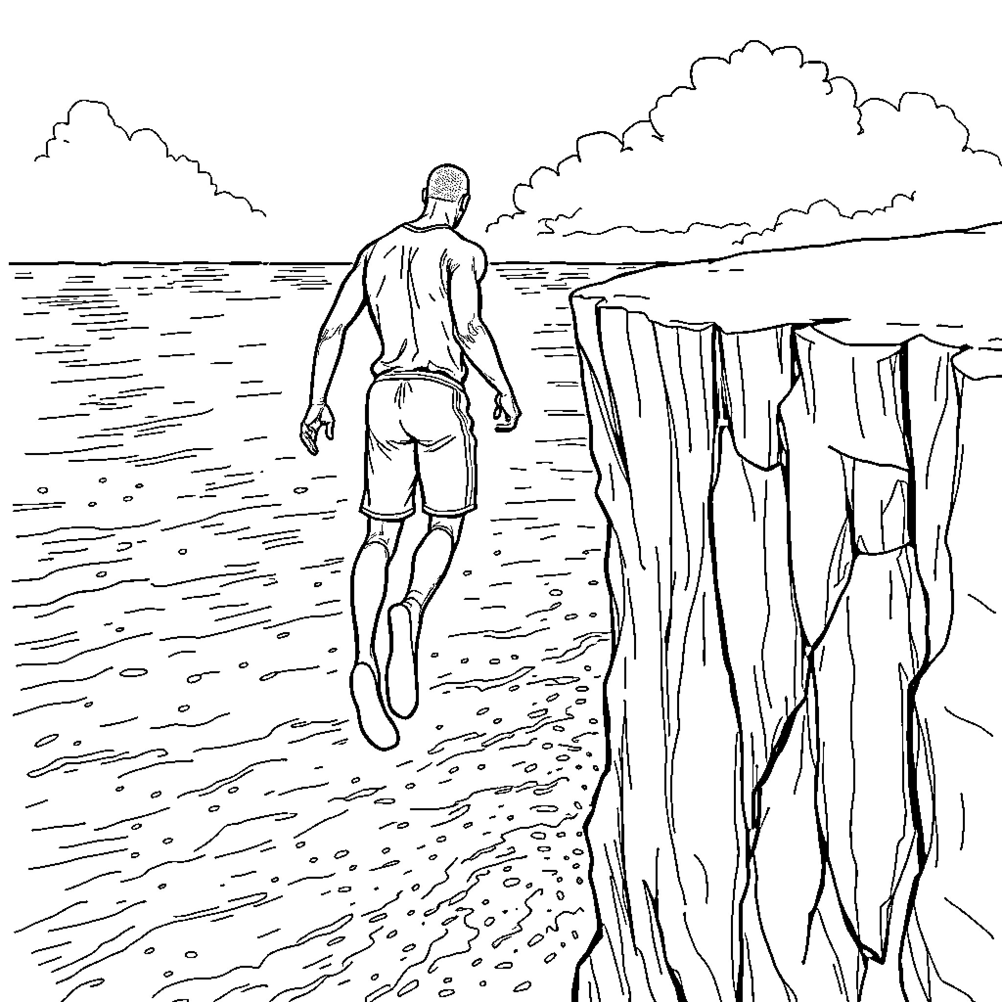 Michael B Jordan enjoys peaceful solitude by the sea Coloring Page (free black-and-white line drawing printable PDF for all, from beginners to advanced learners, including children, teens, adults, and seniors)