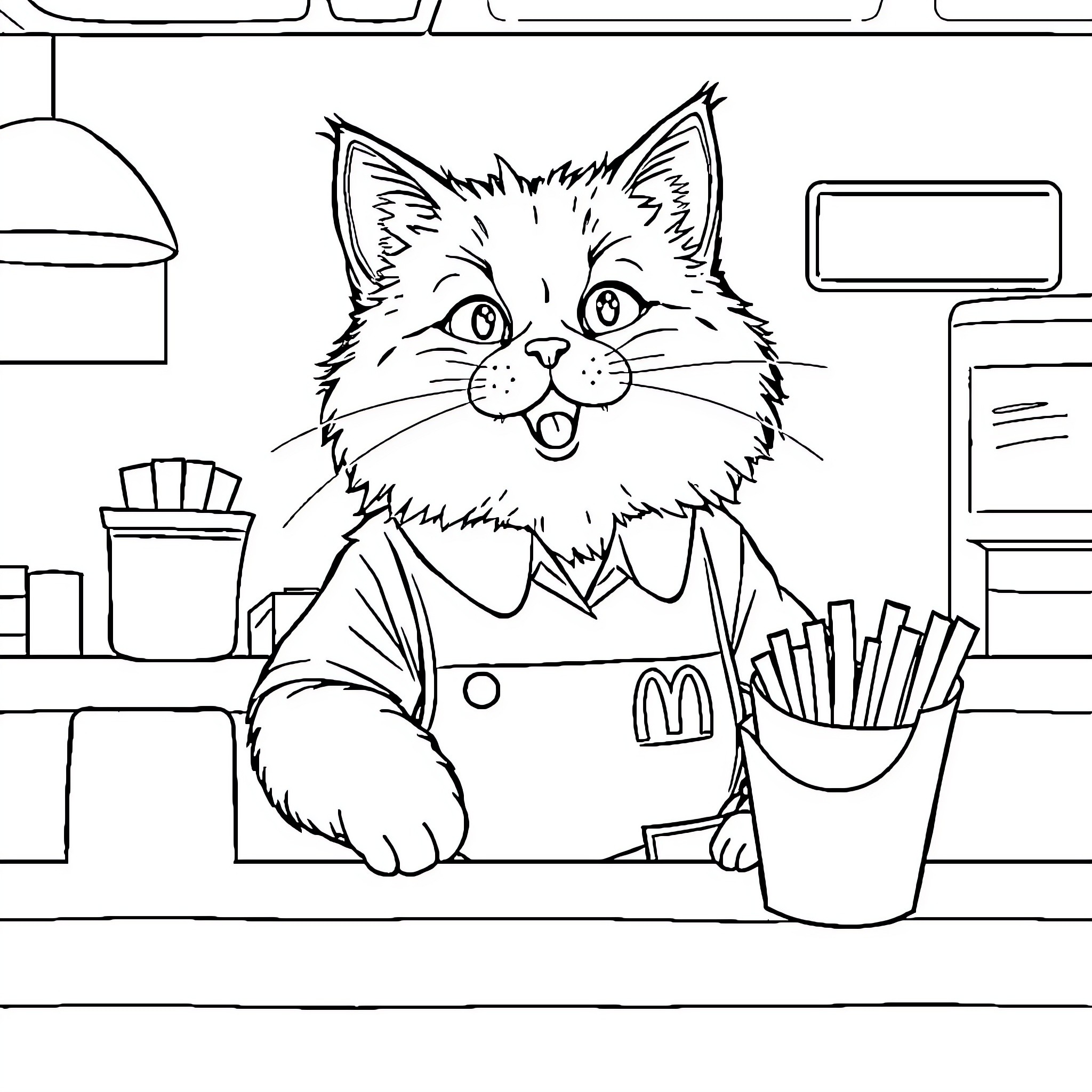 Cat working at fast food restaurant Coloring Page (free black-and-white line drawing printable PDF for all, from beginners to advanced learners, including children, teens, adults, and seniors)