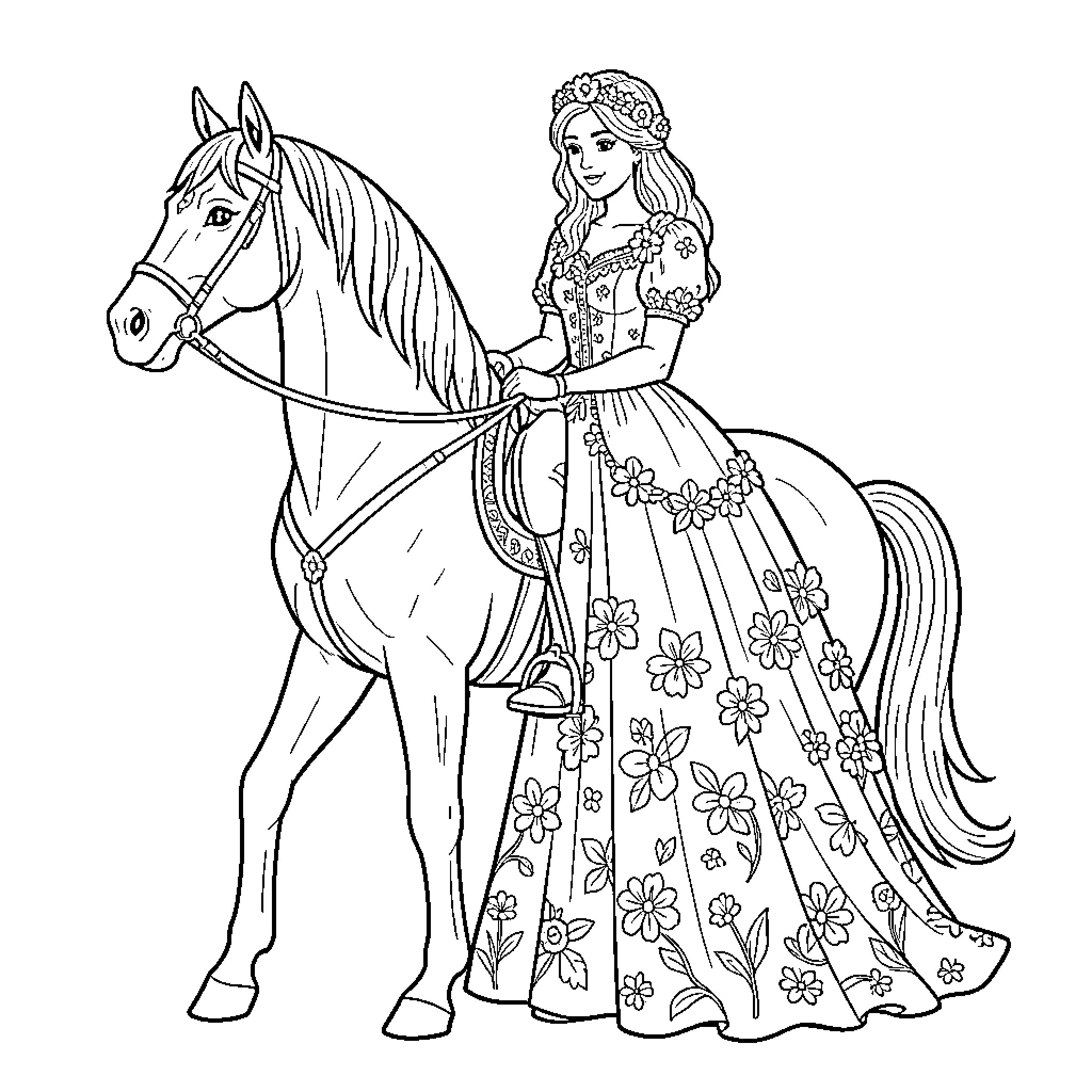 Horse being ridden by a princess in a floral gown Coloring Page (free black-and-white line drawing printable PDF for all, from beginners to advanced learners, including children, teens, adults, and seniors)