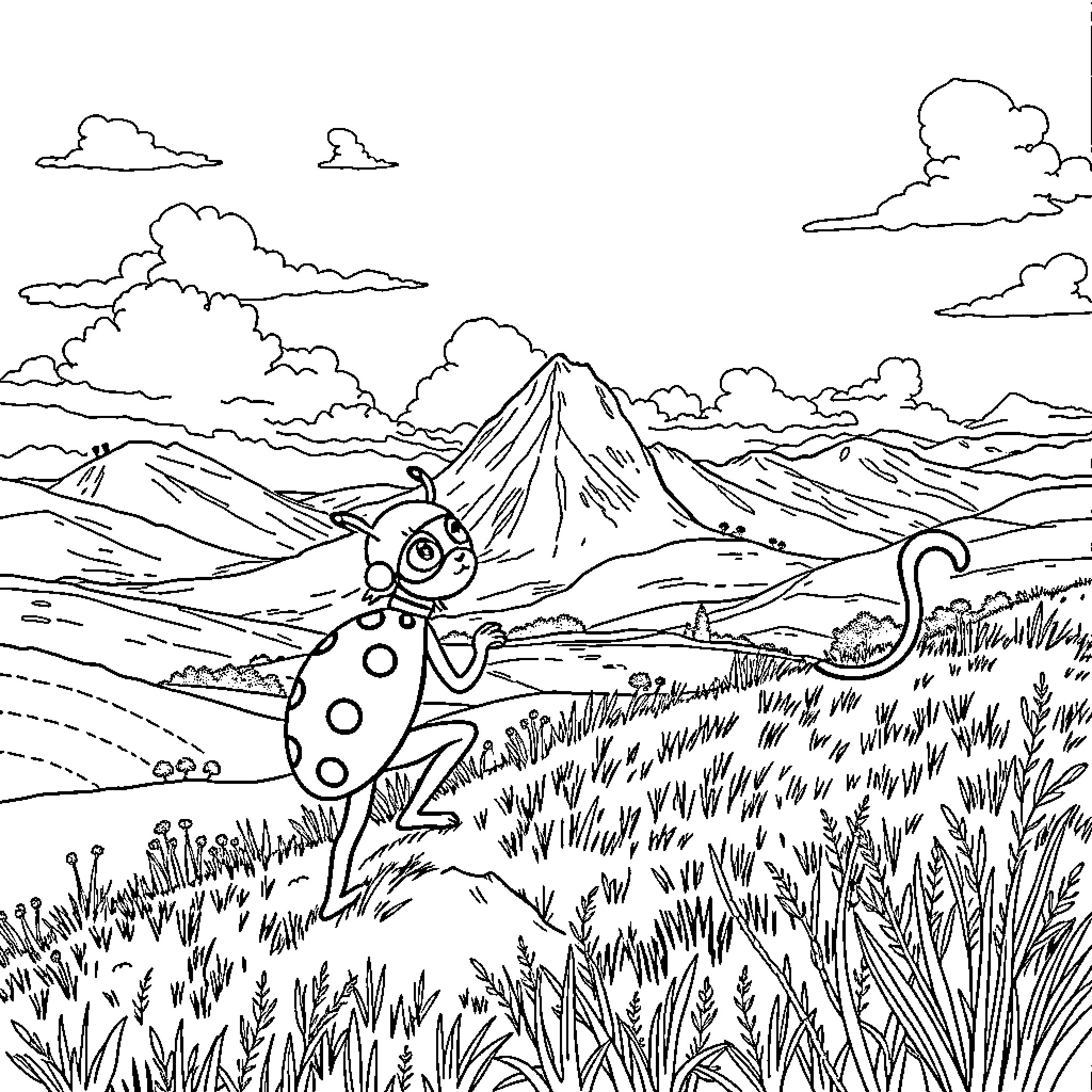 Ladybug exploring the mountain landscape Coloring Page (free black-and-white line drawing printable PDF for all, from beginners to advanced learners, including children, teens, adults, and seniors)