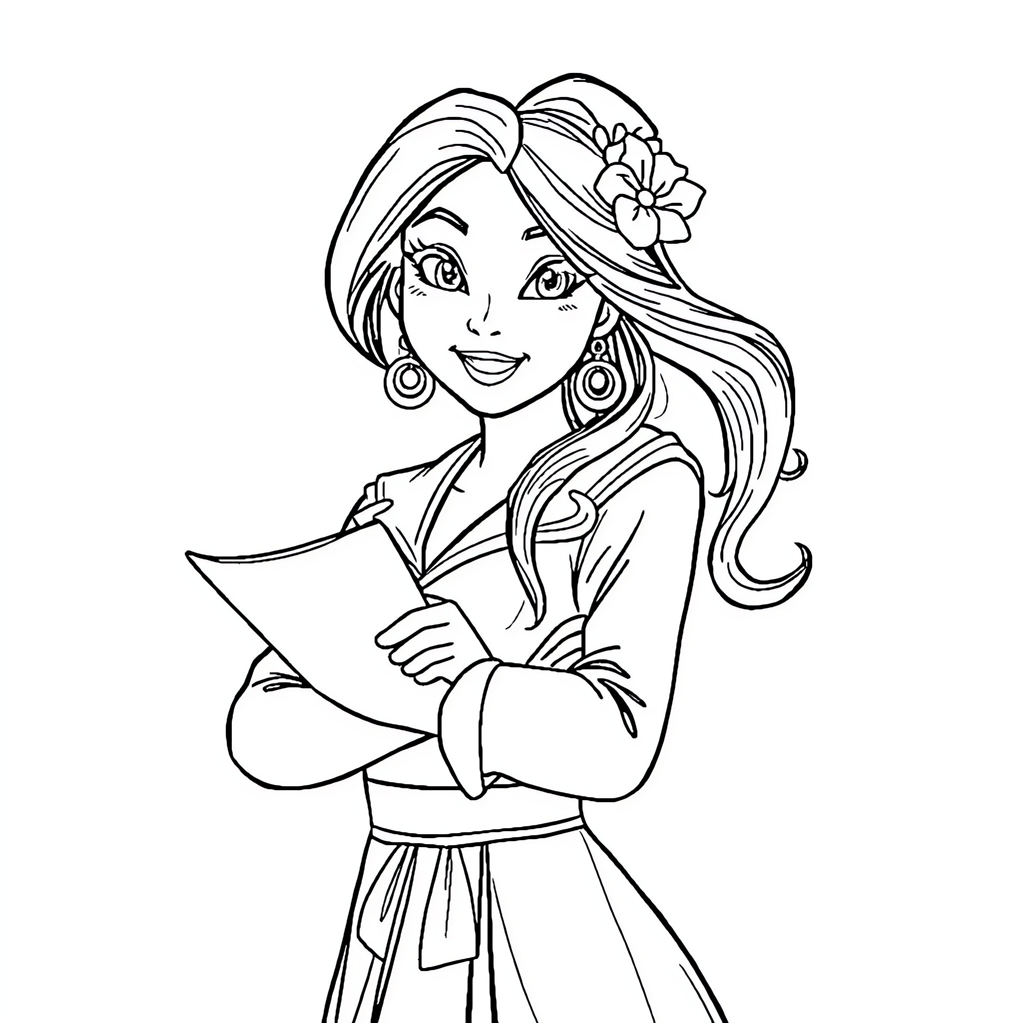 Mulan reading a book with a flower in her hair Coloring Page (free black-and-white line drawing printable PDF for all, from beginners to advanced learners, including children, teens, adults, and seniors)