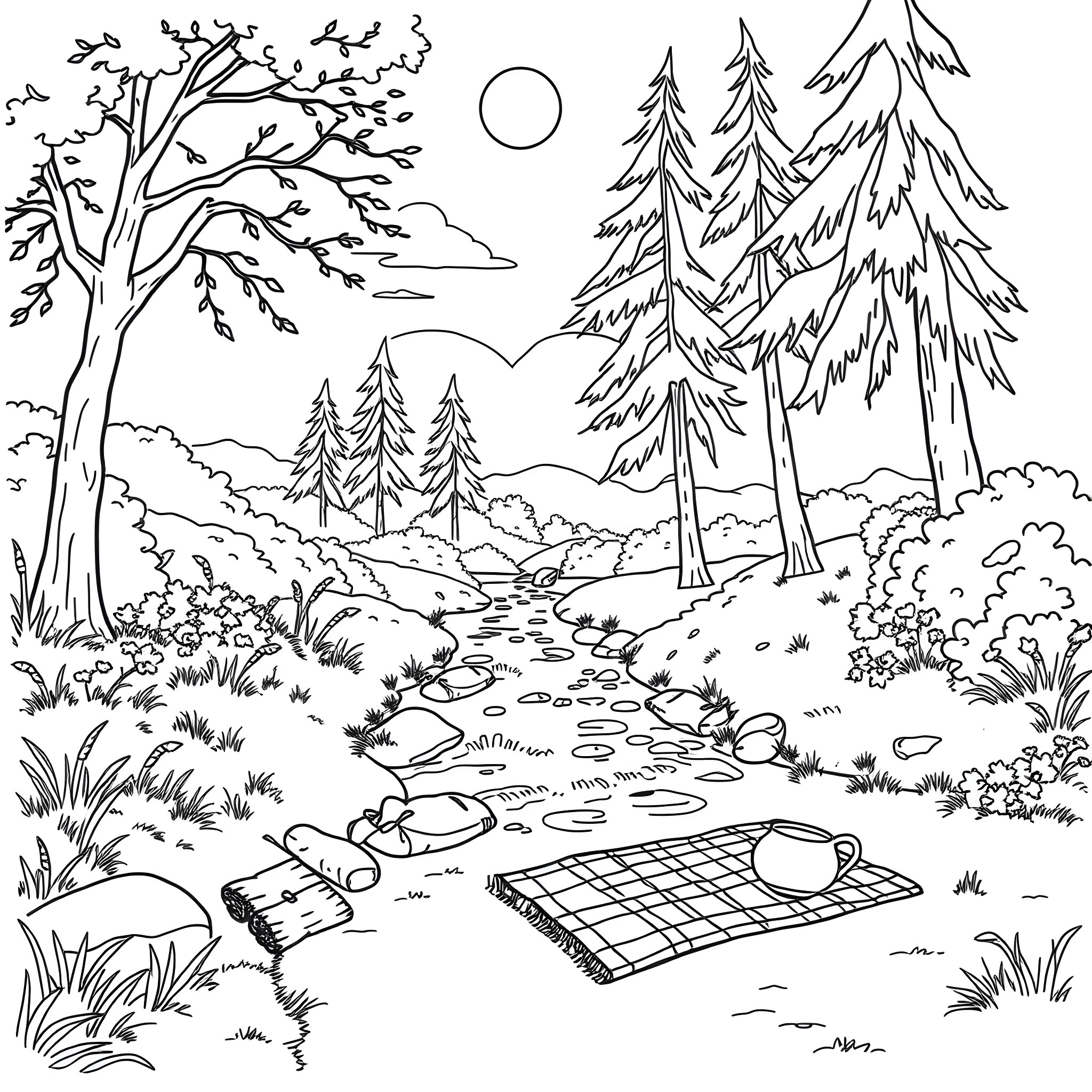 Outdoor Scene with Picnic Blanket and Forest Landscape Coloring Page (free black-and-white line drawing printable PDF for all, from beginners to advanced learners, including children, teens, adults, and seniors)