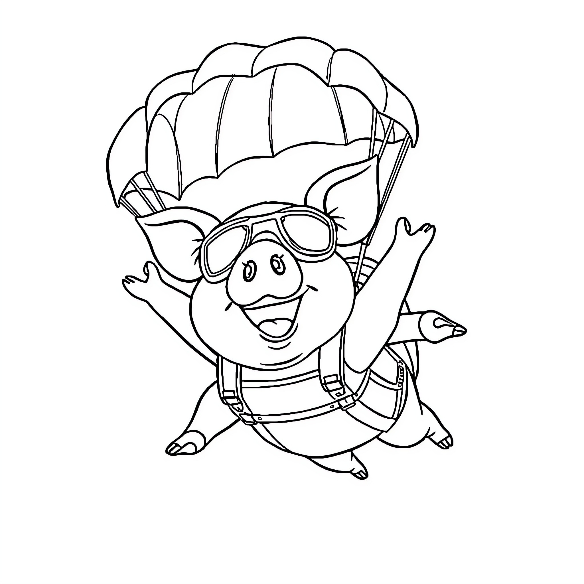 Pig skydiving in excitement Coloring Page (free black-and-white line drawing printable PDF for all, from beginners to advanced learners, including children, teens, adults, and seniors)