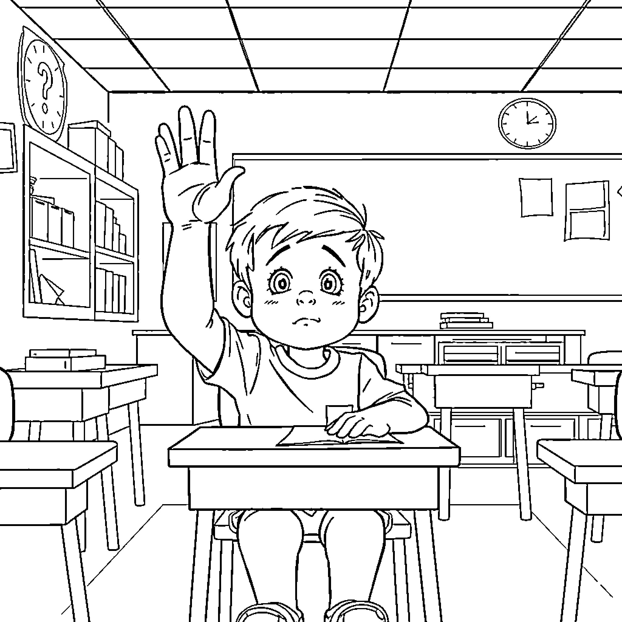 Kid raising hand in classroom Coloring Page (free black-and-white line drawing printable PDF for all, from beginners to advanced learners, including children, teens, adults, and seniors)