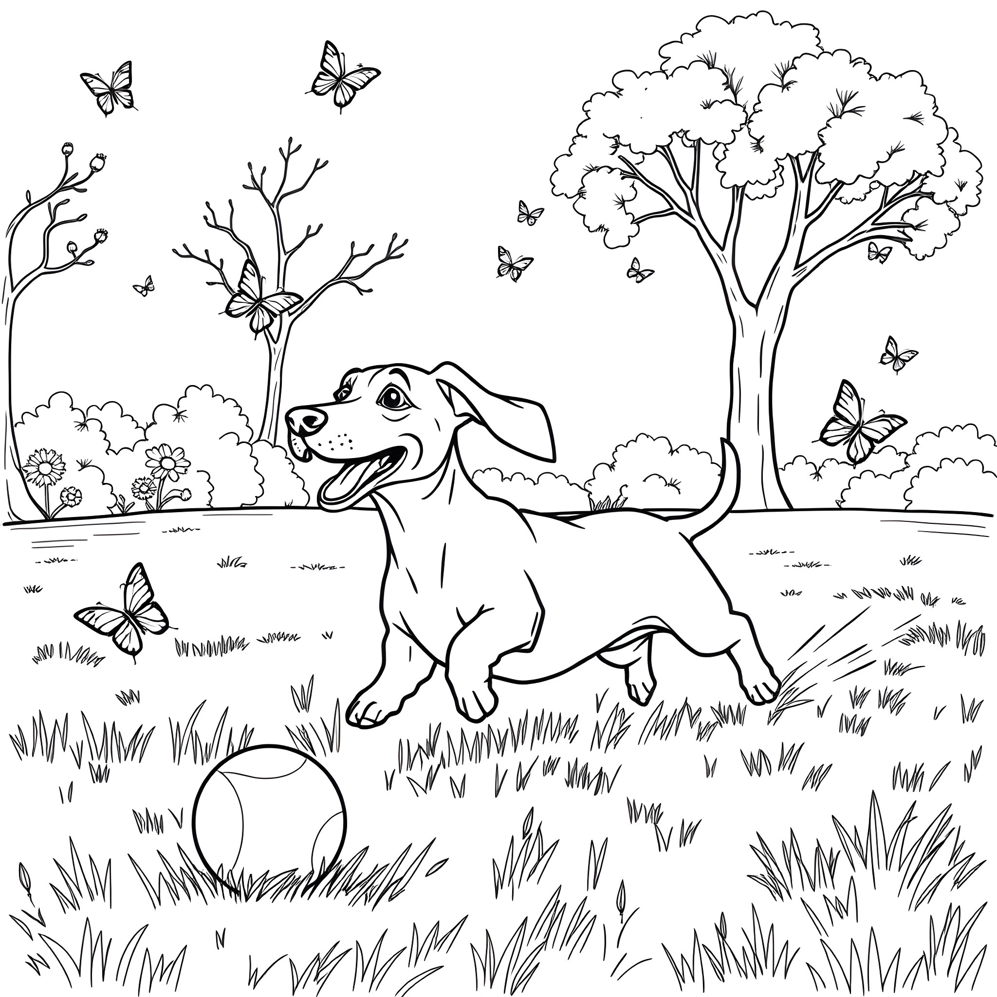Dachshund playing joyfully in nature Coloring Page (free black-and-white line drawing printable PDF for all, from beginners to advanced learners, including children, teens, adults, and seniors)