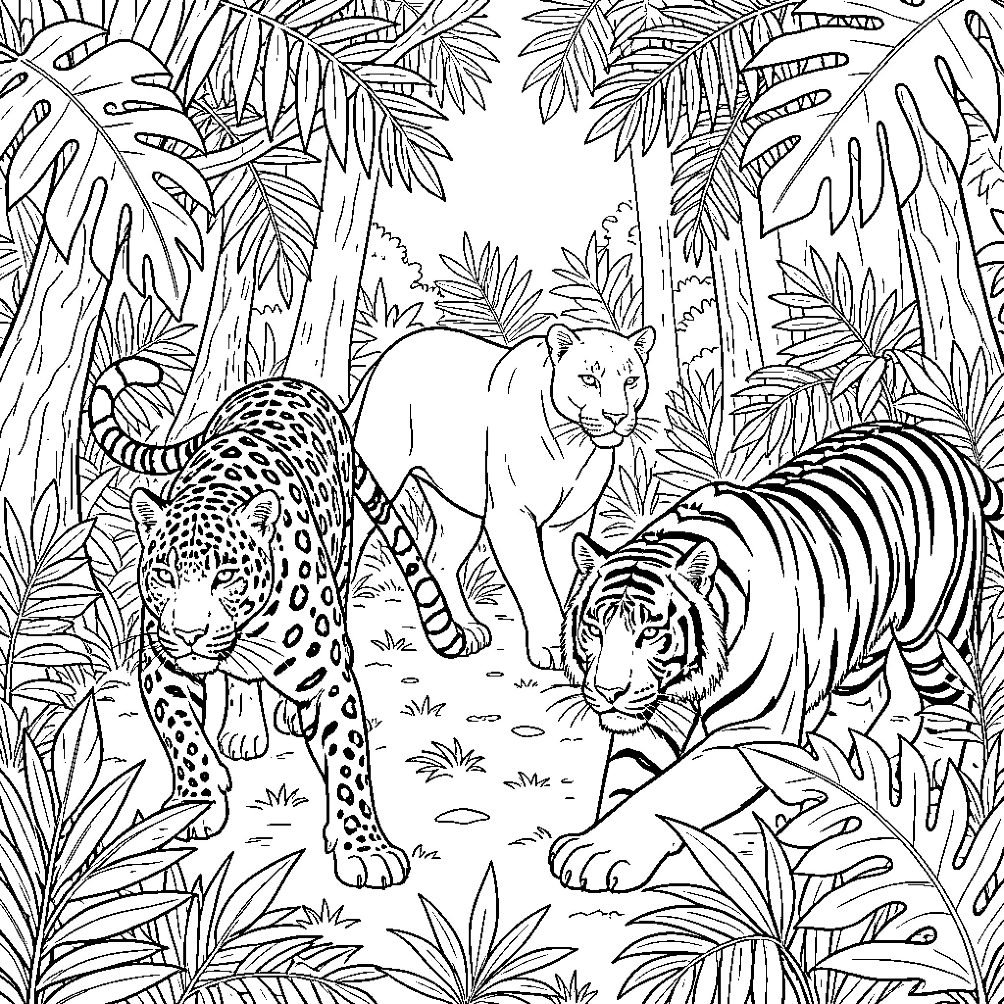 Jaguar and other big cats walking through the jungle Coloring Page (free black-and-white line drawing printable PDF for all, from beginners to advanced learners, including children, teens, adults, and seniors)