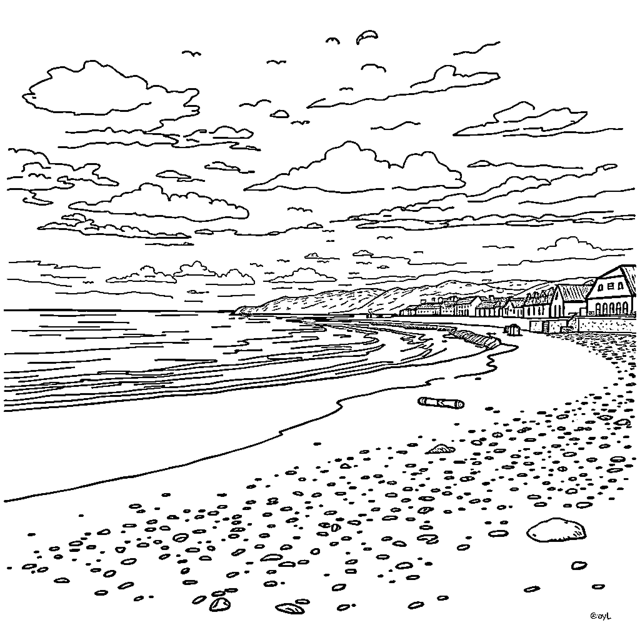 Saundersfoot beach scene with coastal landscape Coloring Page (free black-and-white line drawing printable PDF for all, from beginners to advanced learners, including children, teens, adults, and seniors)