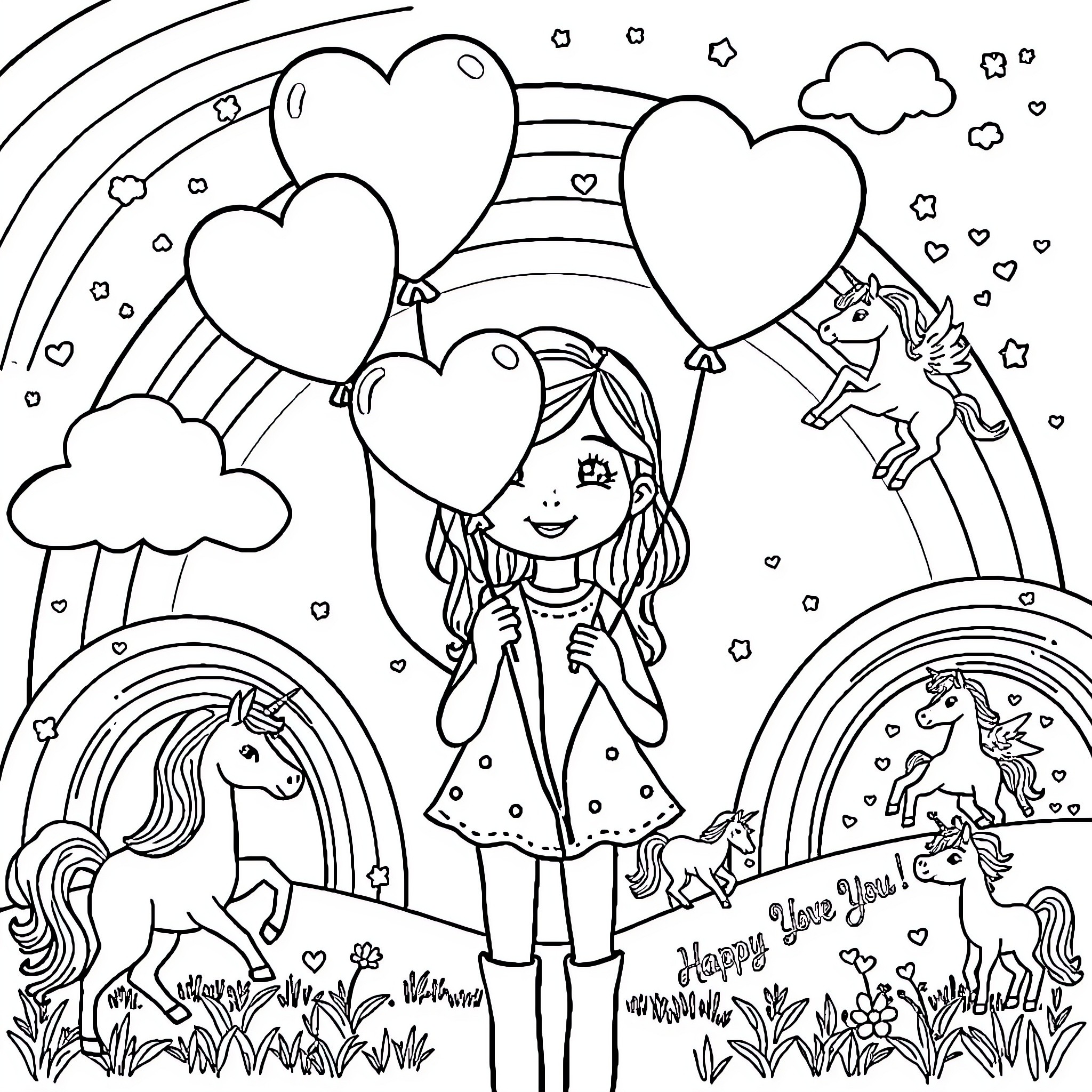 Unicorn and girl in magical fantasy world Coloring Page (free black-and-white line drawing printable PDF for all, from beginners to advanced learners, including children, teens, adults, and seniors)