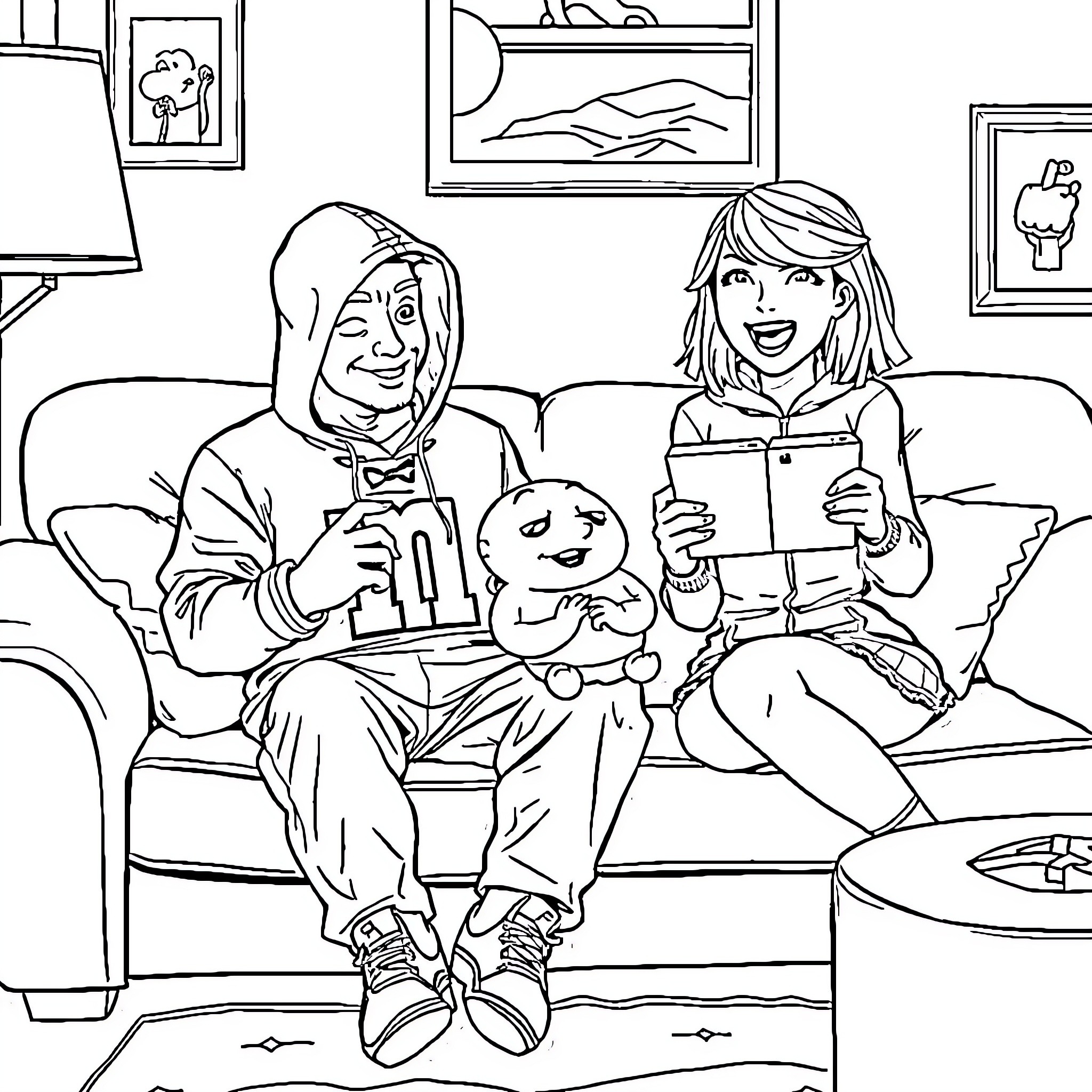 Eminem relaxing with a friend in their cozy home Coloring Page (free black-and-white line drawing printable PDF for all, from beginners to advanced learners, including children, teens, adults, and seniors)