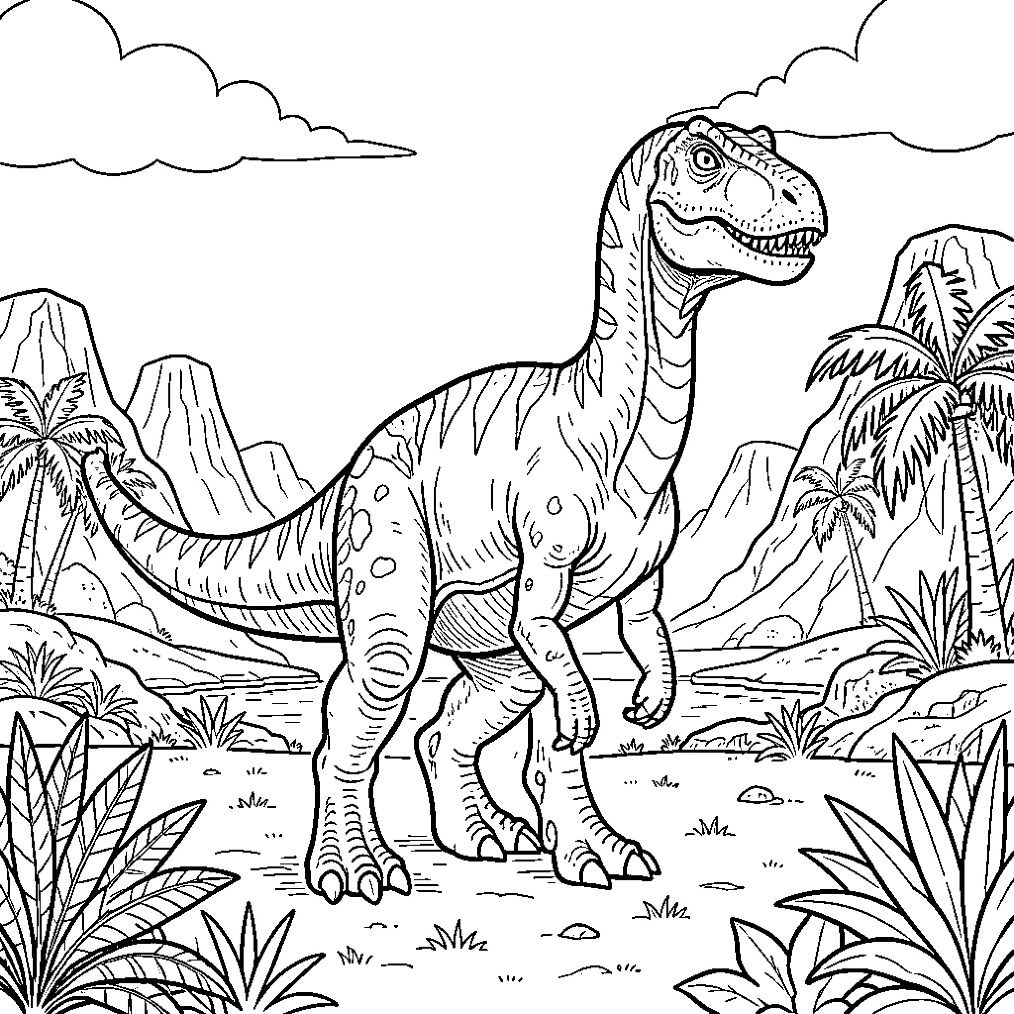 Dinosaur walking through a prehistoric tropical landscape Coloring Page (free black-and-white line drawing printable PDF for all, from beginners to advanced learners, including children, teens, adults, and seniors)