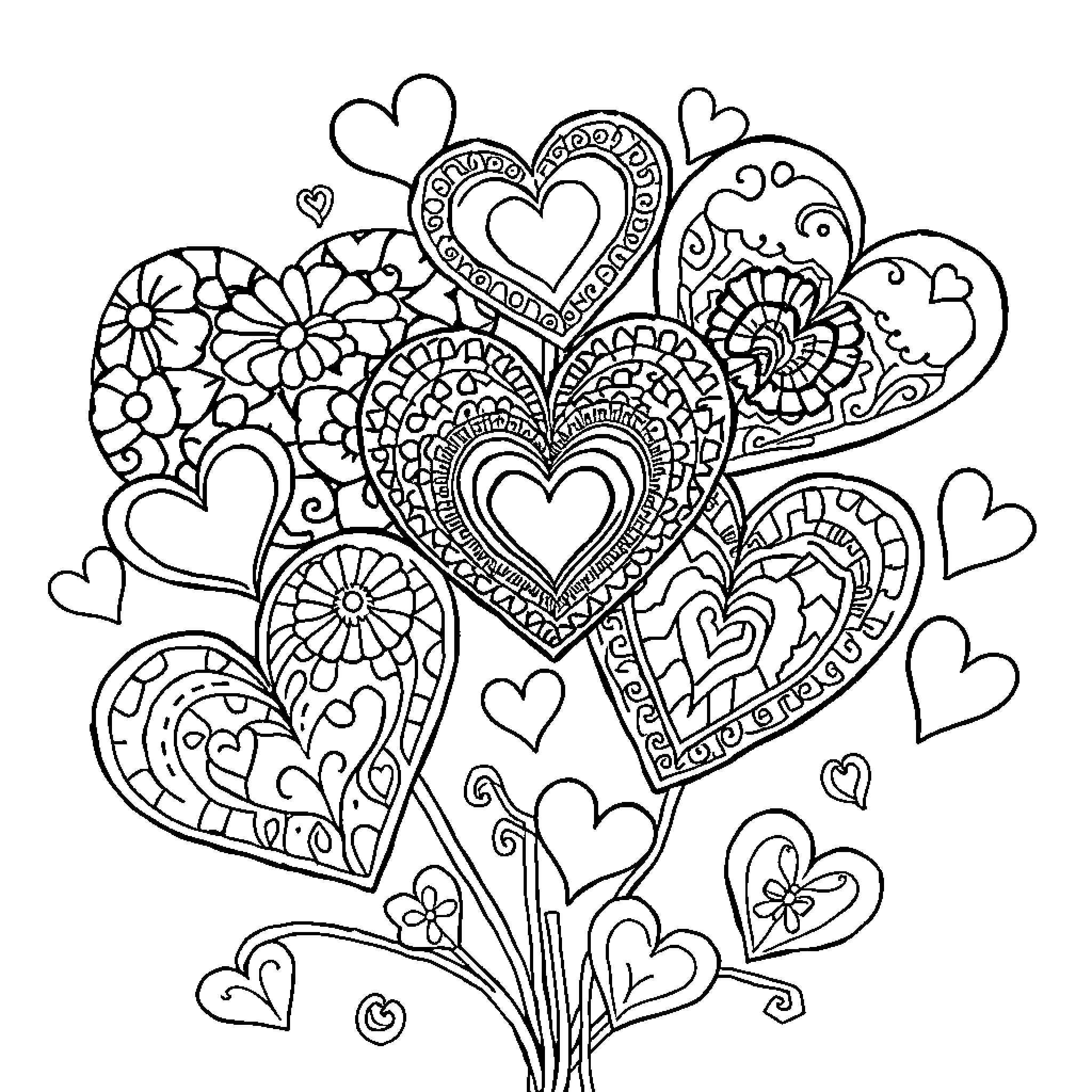 Heart-shaped Floral Bouquet of Intricate Patterns Coloring Page (free black-and-white line drawing printable PDF for all, from beginners to advanced learners, including children, teens, adults, and seniors)