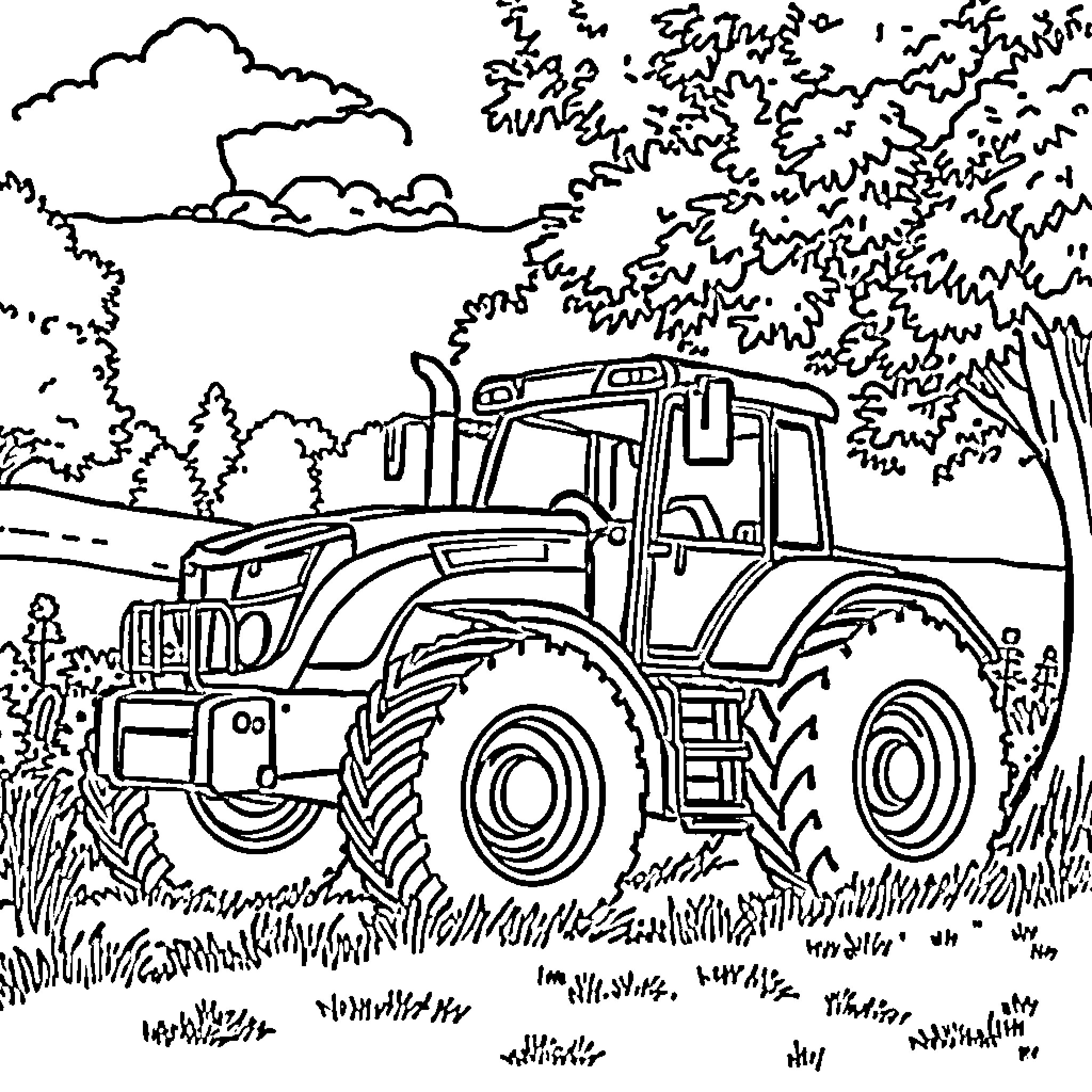 Tractor working in the countryside landscape Coloring Page (free black-and-white line drawing printable PDF for all, from beginners to advanced learners, including children, teens, adults, and seniors)