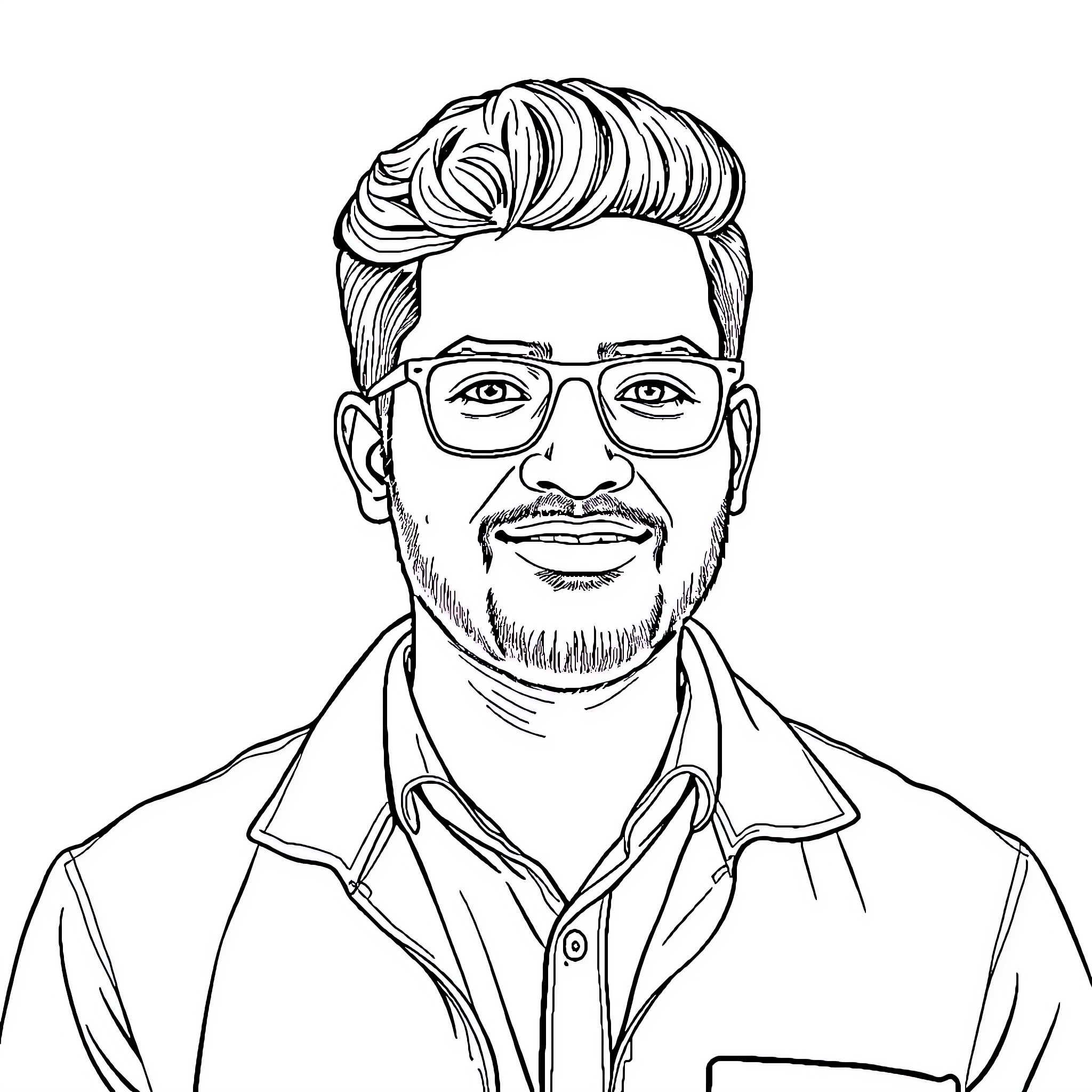 Praveen Varkey smiling and wearing glasses Coloring Page (free black-and-white line drawing printable PDF for all, from beginners to advanced learners, including children, teens, adults, and seniors)