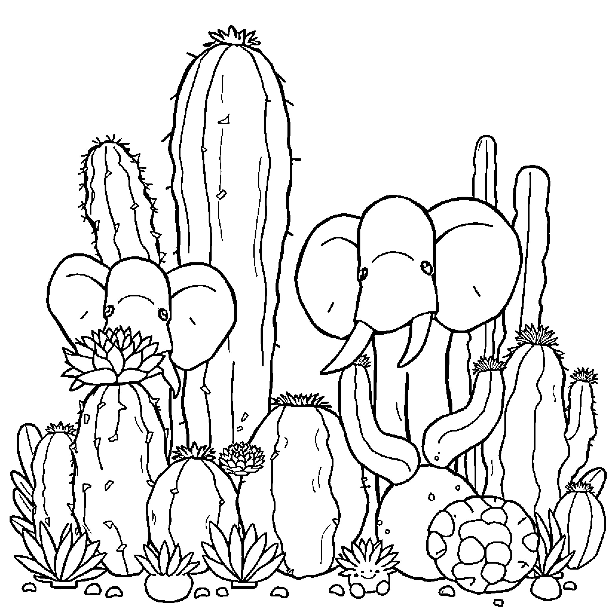 Cactus and Elephant in a Whimsical Desert Scene Coloring Page (free black-and-white line drawing printable PDF for all, from beginners to advanced learners, including children, teens, adults, and seniors)