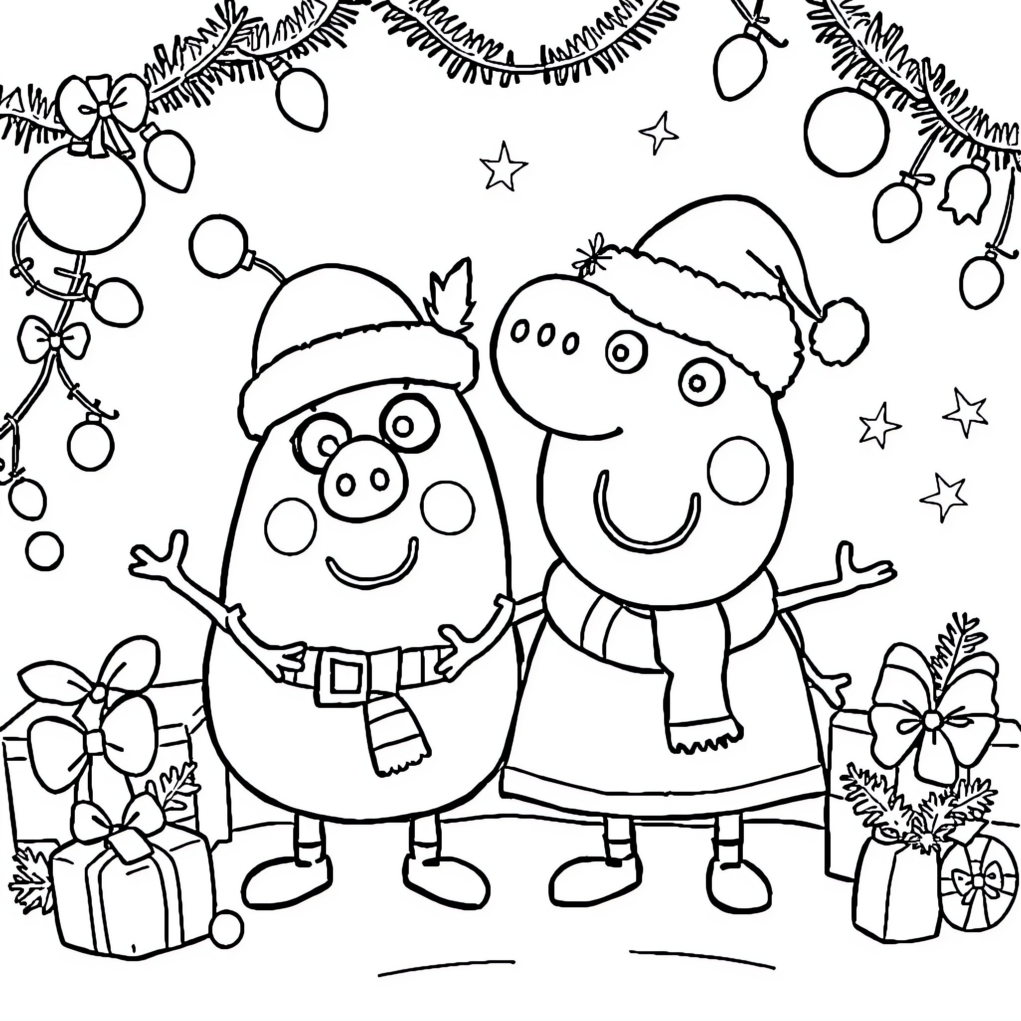 Peppa Pig and Friends Celebrate Christmas Coloring Page (free black-and-white line drawing printable PDF for all, from beginners to advanced learners, including children, teens, adults, and seniors)