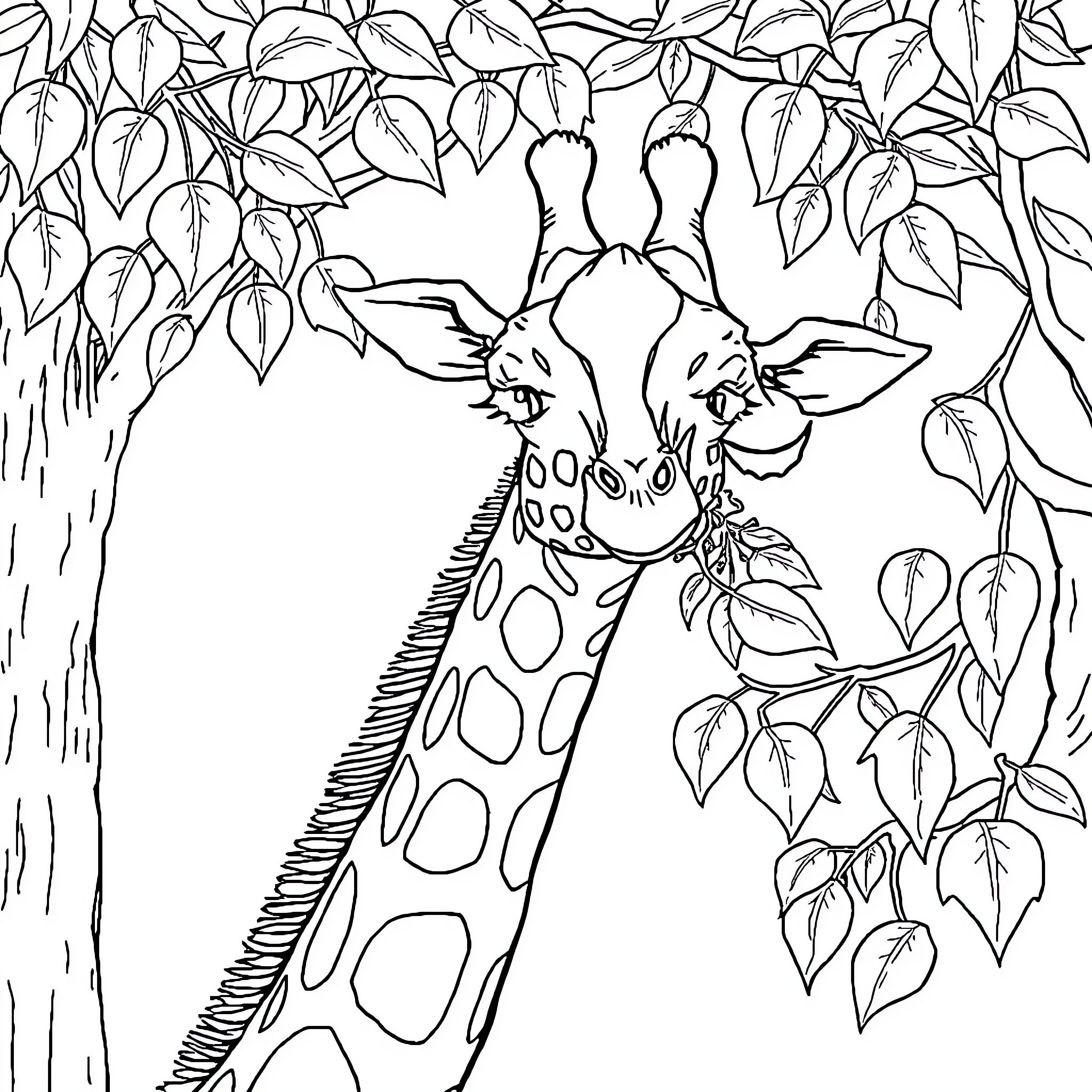 Giraffe exploring the lush foliage Coloring Page (free black-and-white line drawing printable PDF for all, from beginners to advanced learners, including children, teens, adults, and seniors)