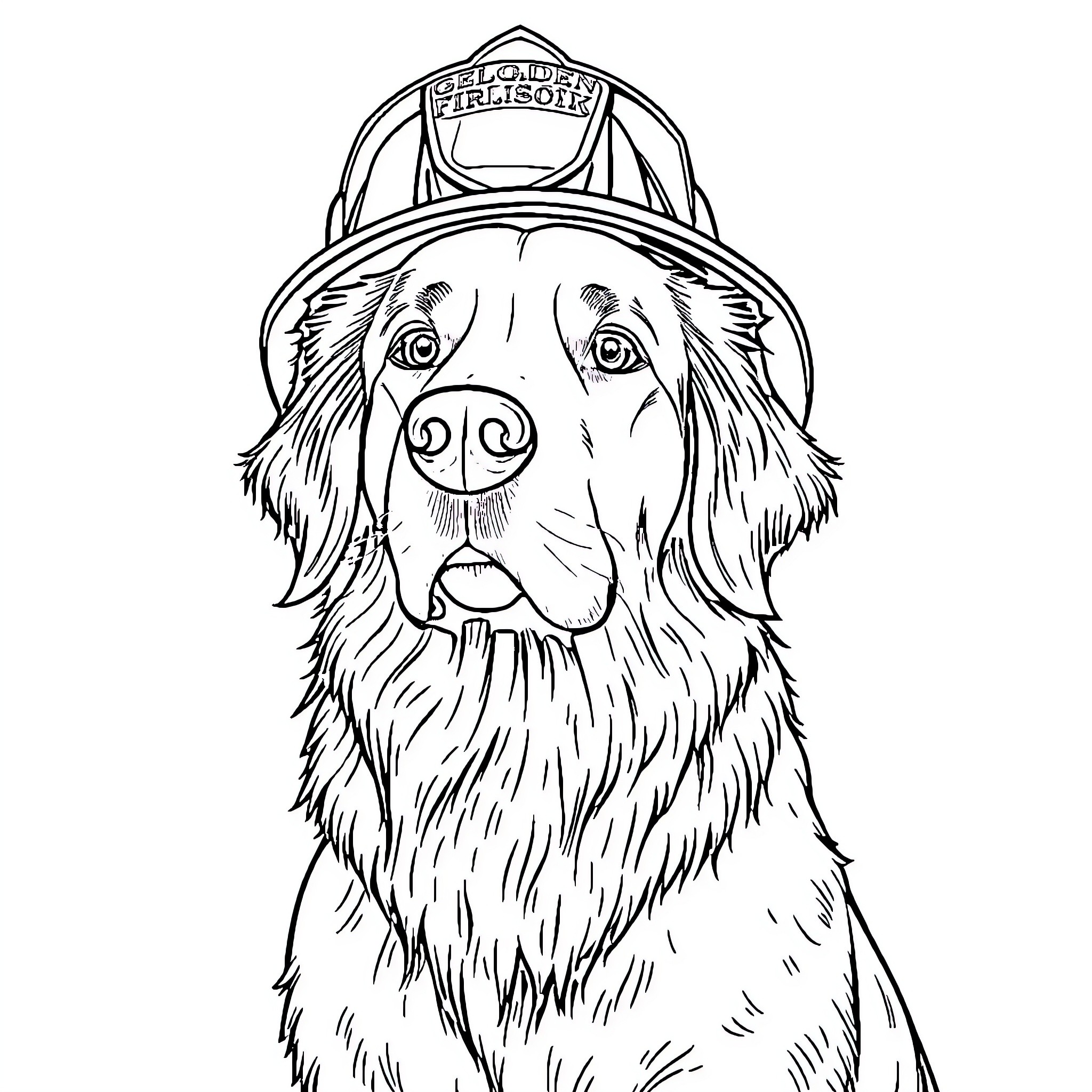 Golden Retriever wearing firefighter helmet Coloring Page (free black-and-white line drawing printable PDF for all, from beginners to advanced learners, including children, teens, adults, and seniors)