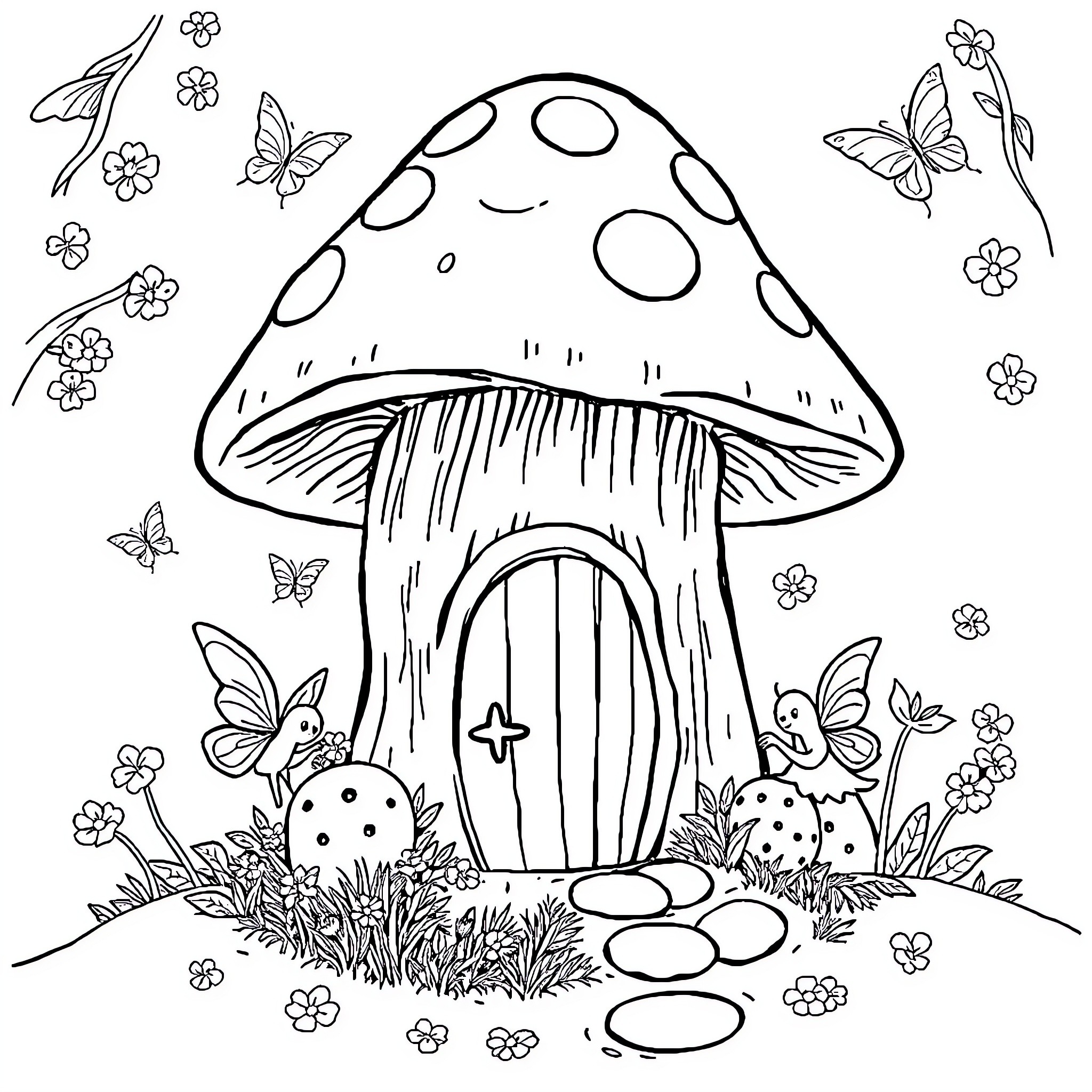 Mushroom House with Flowers and Butterflies Coloring Page (free black-and-white line drawing printable PDF for all, from beginners to advanced learners, including children, teens, adults, and seniors)