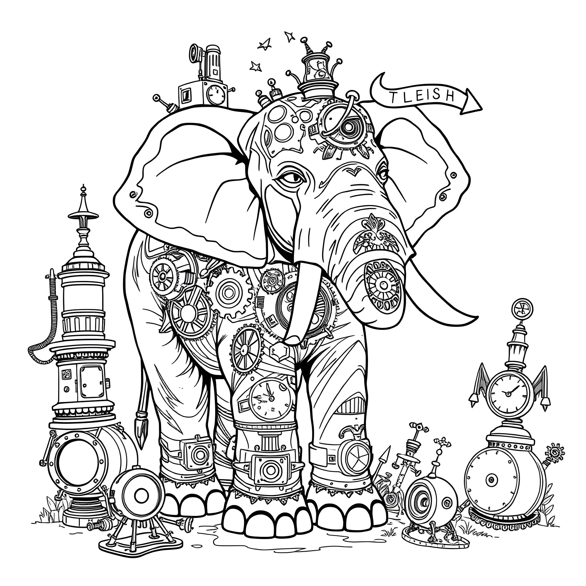 Elephant adorned with intricate mechanical gears and devices Coloring Page (free black-and-white line drawing printable PDF for all, from beginners to advanced learners, including children, teens, adults, and seniors)