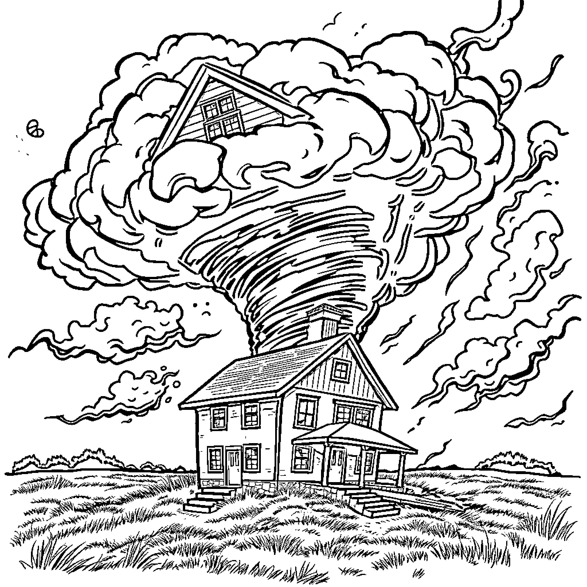 House engulfed in raging storm with tornado Coloring Page (free black-and-white line drawing printable PDF for all, from beginners to advanced learners, including children, teens, adults, and seniors)
