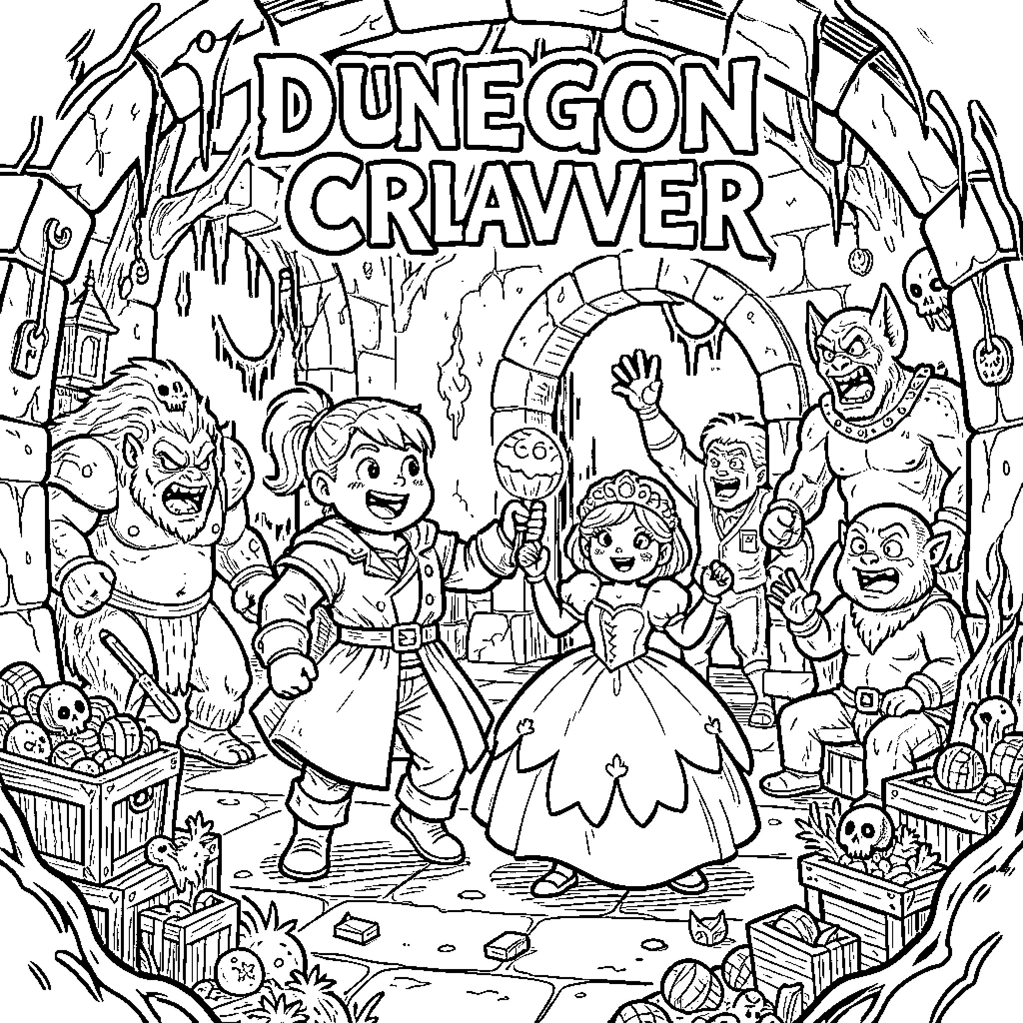 Dungeon Crawler Adventurers Exploring the Underground Realm Coloring Page (free black-and-white line drawing printable PDF for all, from beginners to advanced learners, including children, teens, adults, and seniors)