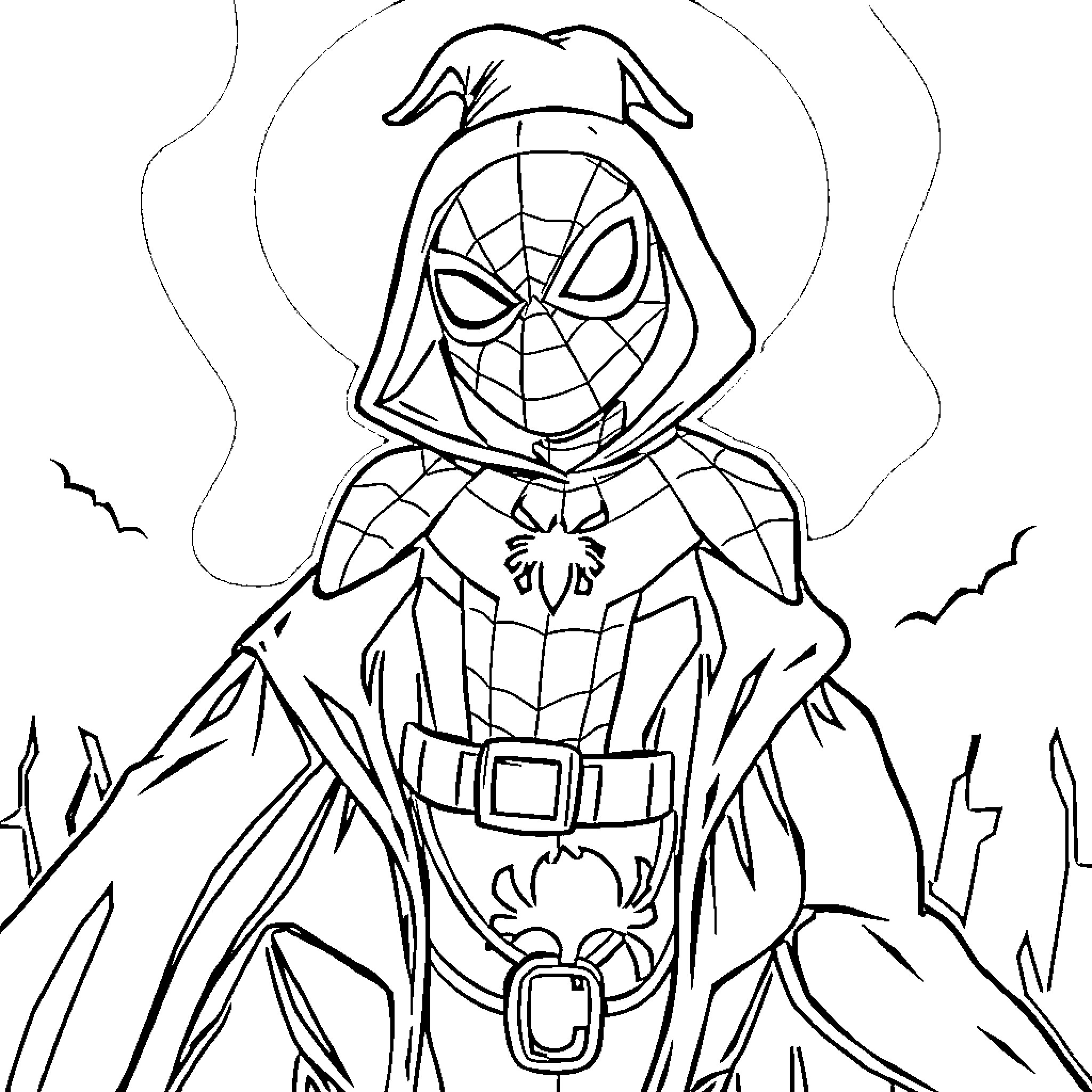 Spider-Man in spooky costume and environment Coloring Page (free black-and-white line drawing printable PDF for all, from beginners to advanced learners, including children, teens, adults, and seniors)