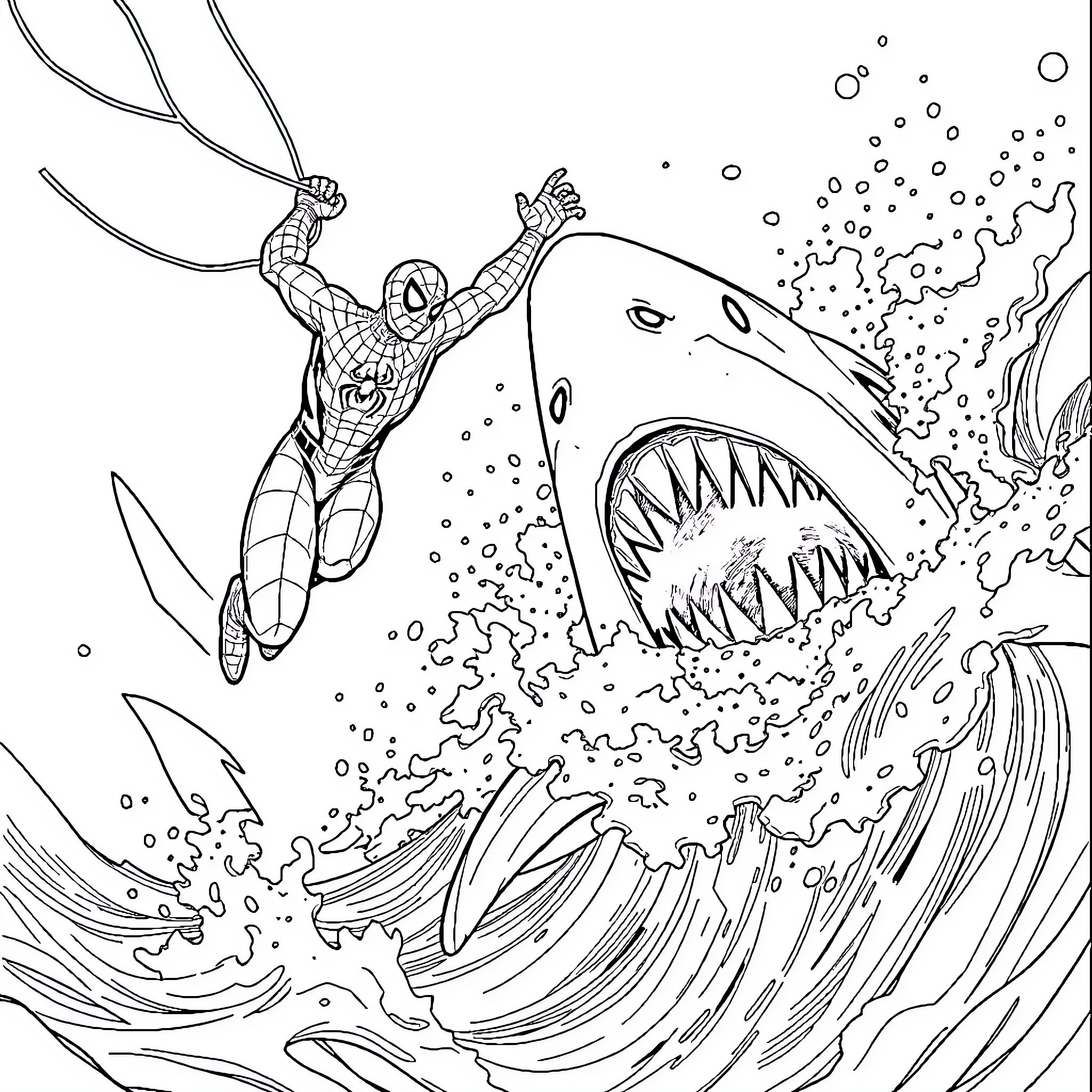 Spiderman heroically battles a giant shark underwater Coloring Page (free black-and-white line drawing printable PDF for all, from beginners to advanced learners, including children, teens, adults, and seniors)