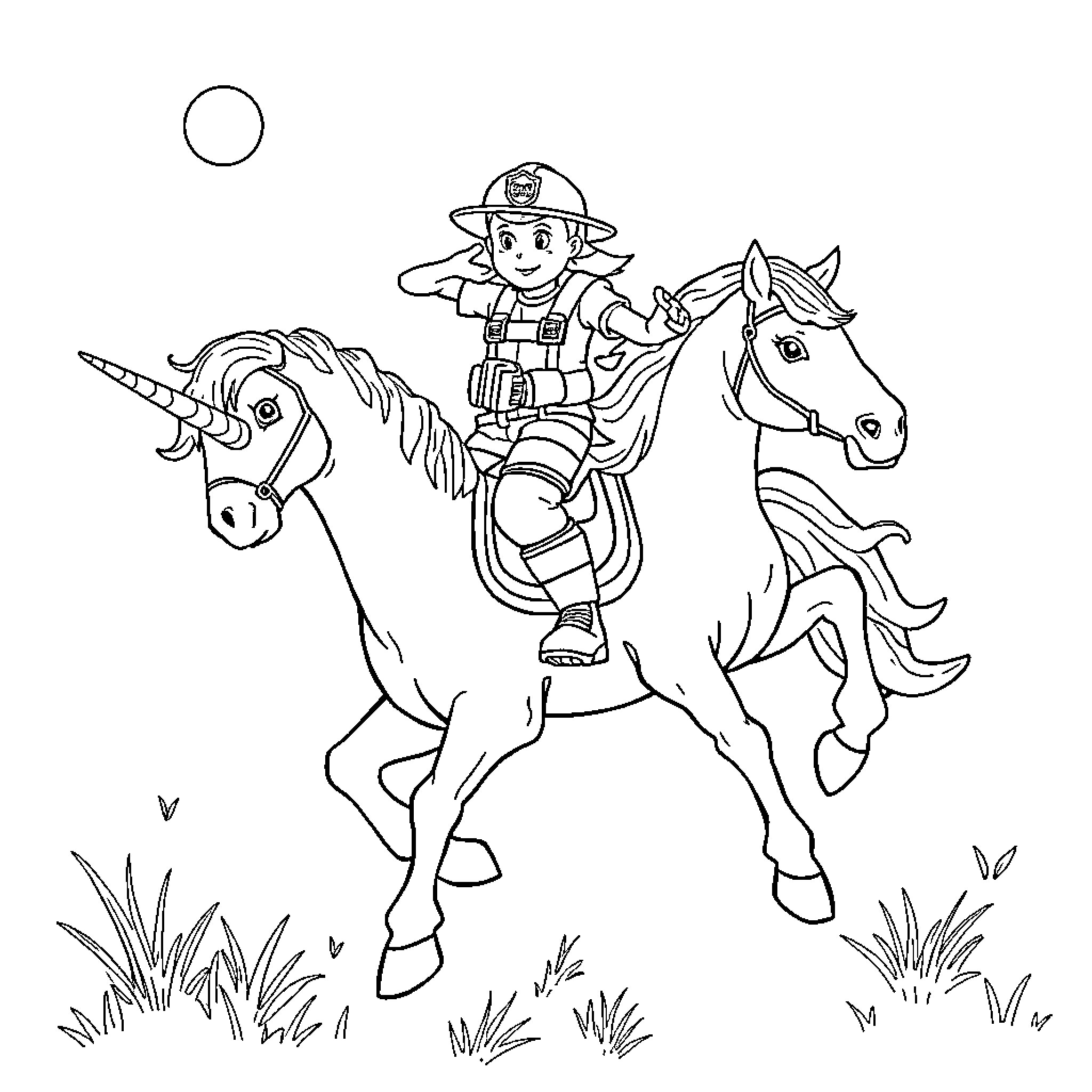 Firefighter riding unicorn through nature Coloring Page (free black-and-white line drawing printable PDF for all, from beginners to advanced learners, including children, teens, adults, and seniors)