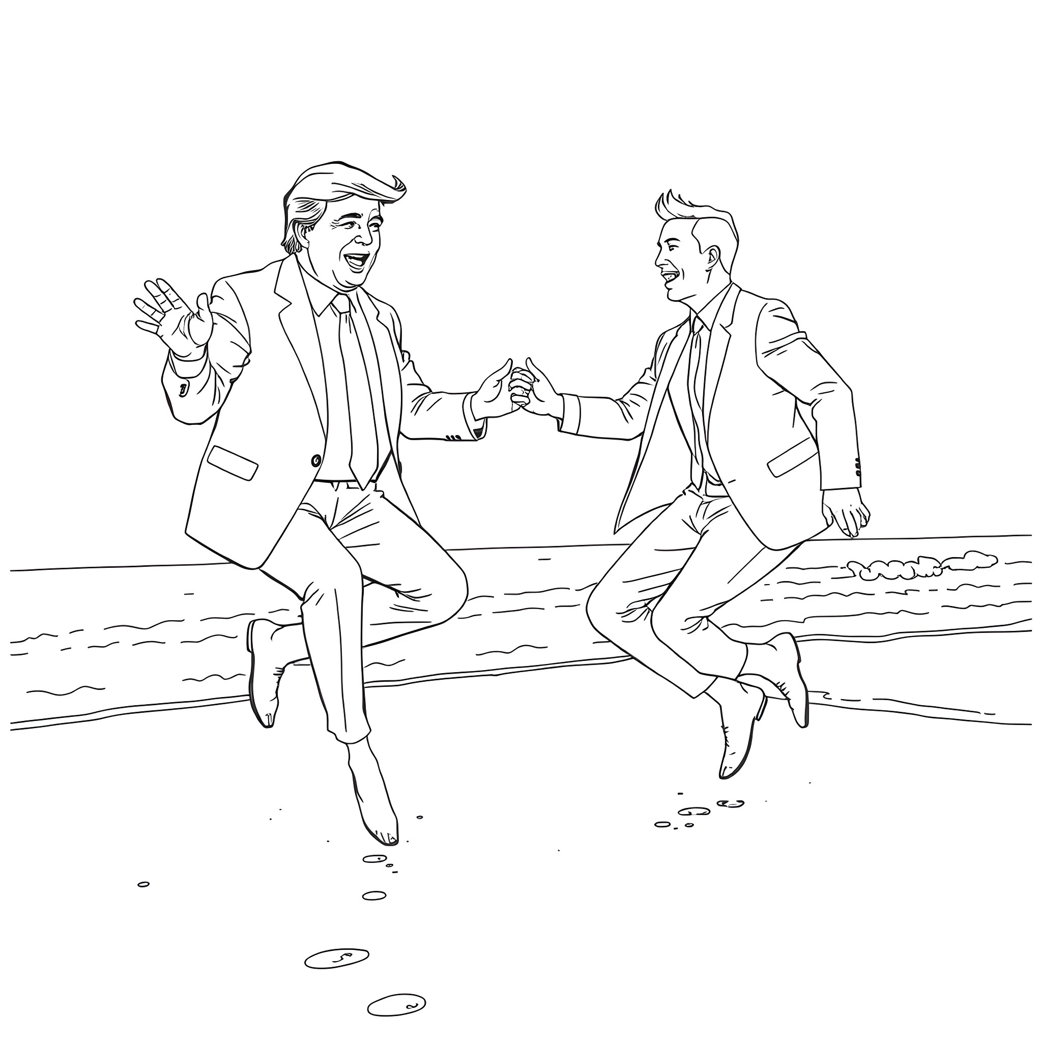 Donald Trump and an unknown person shaking hands on the beach Coloring Page (free black-and-white line drawing printable PDF for all, from beginners to advanced learners, including children, teens, adults, and seniors)