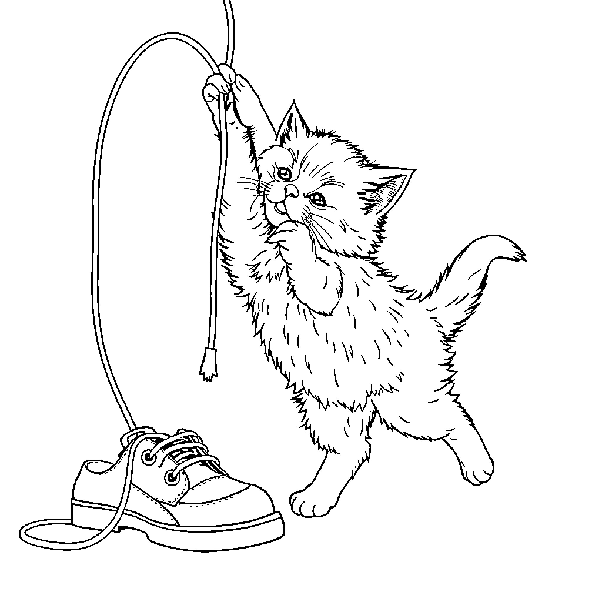 Kitten playfully interacting with a shoe Coloring Page (free black-and-white line drawing printable PDF for all, from beginners to advanced learners, including children, teens, adults, and seniors)