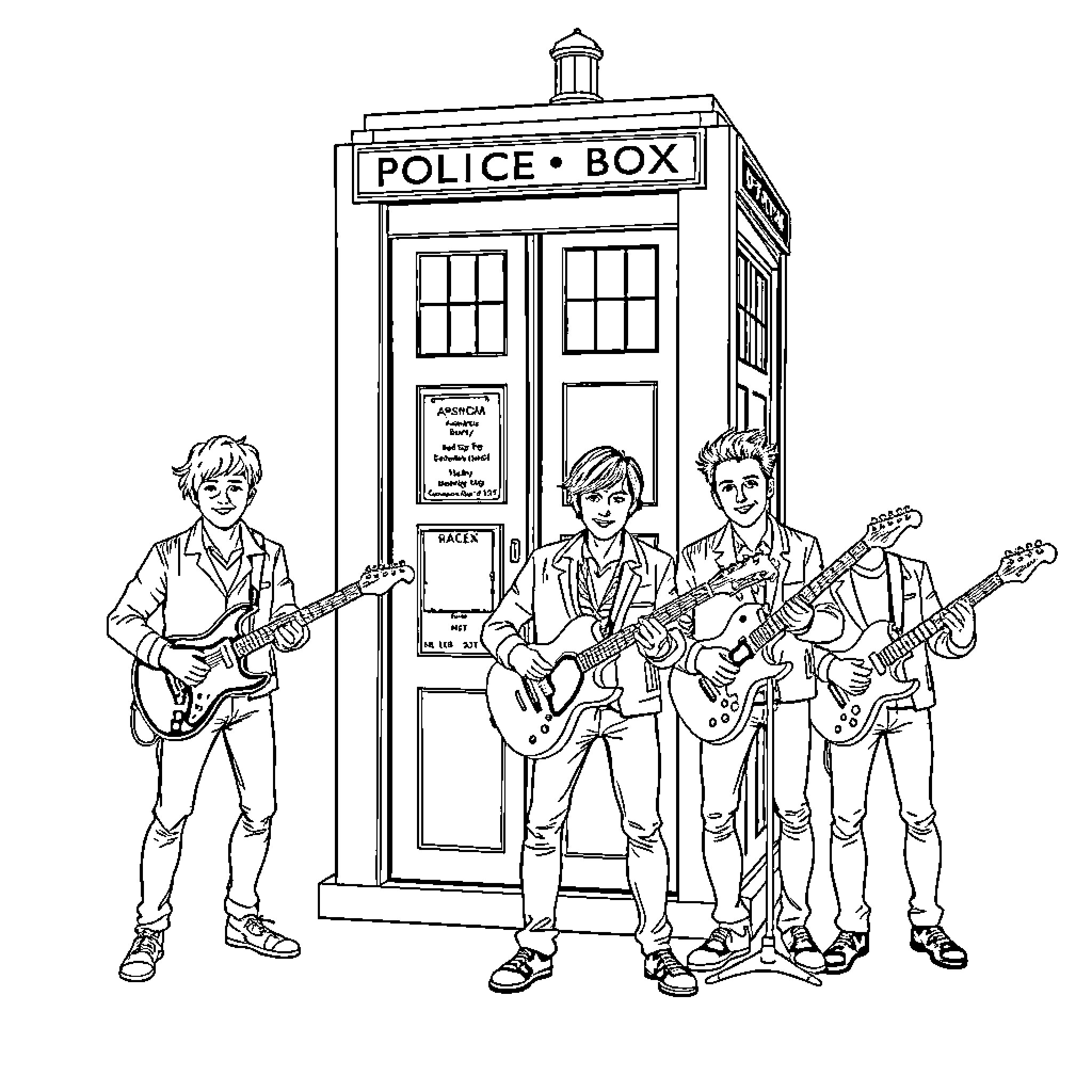 McFly Jamming In front of the Police Box Coloring Page (free black-and-white line drawing printable PDF for all, from beginners to advanced learners, including children, teens, adults, and seniors)