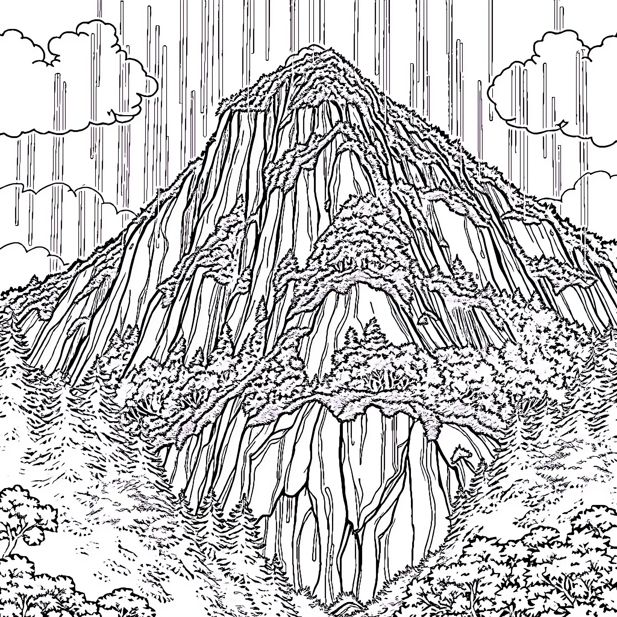 Mountain peak in stormy weather Coloring Page (free black-and-white line drawing printable PDF for all, from beginners to advanced learners, including children, teens, adults, and seniors)
