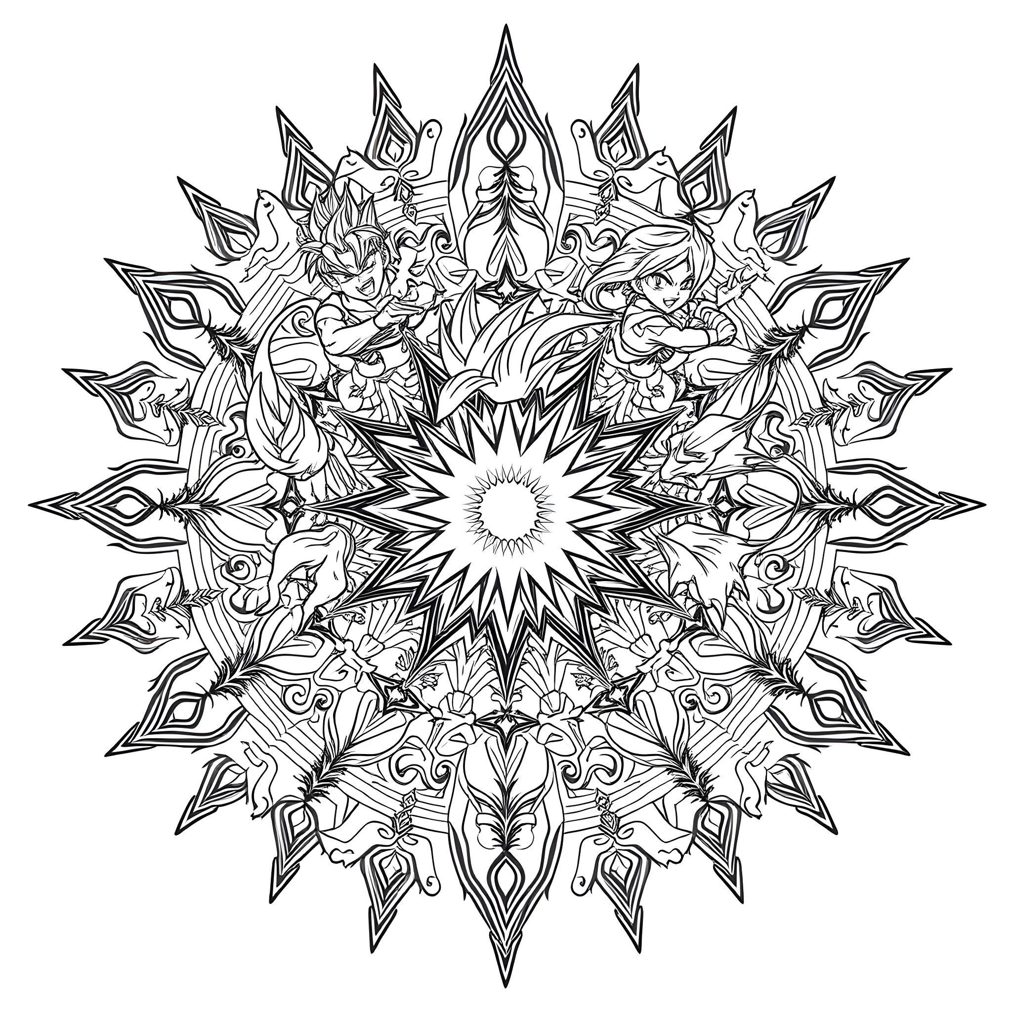 Dragon Ball Radiant Mandala with Intricate Designs Coloring Page (free black-and-white line drawing printable PDF for all, from beginners to advanced learners, including children, teens, adults, and seniors)
