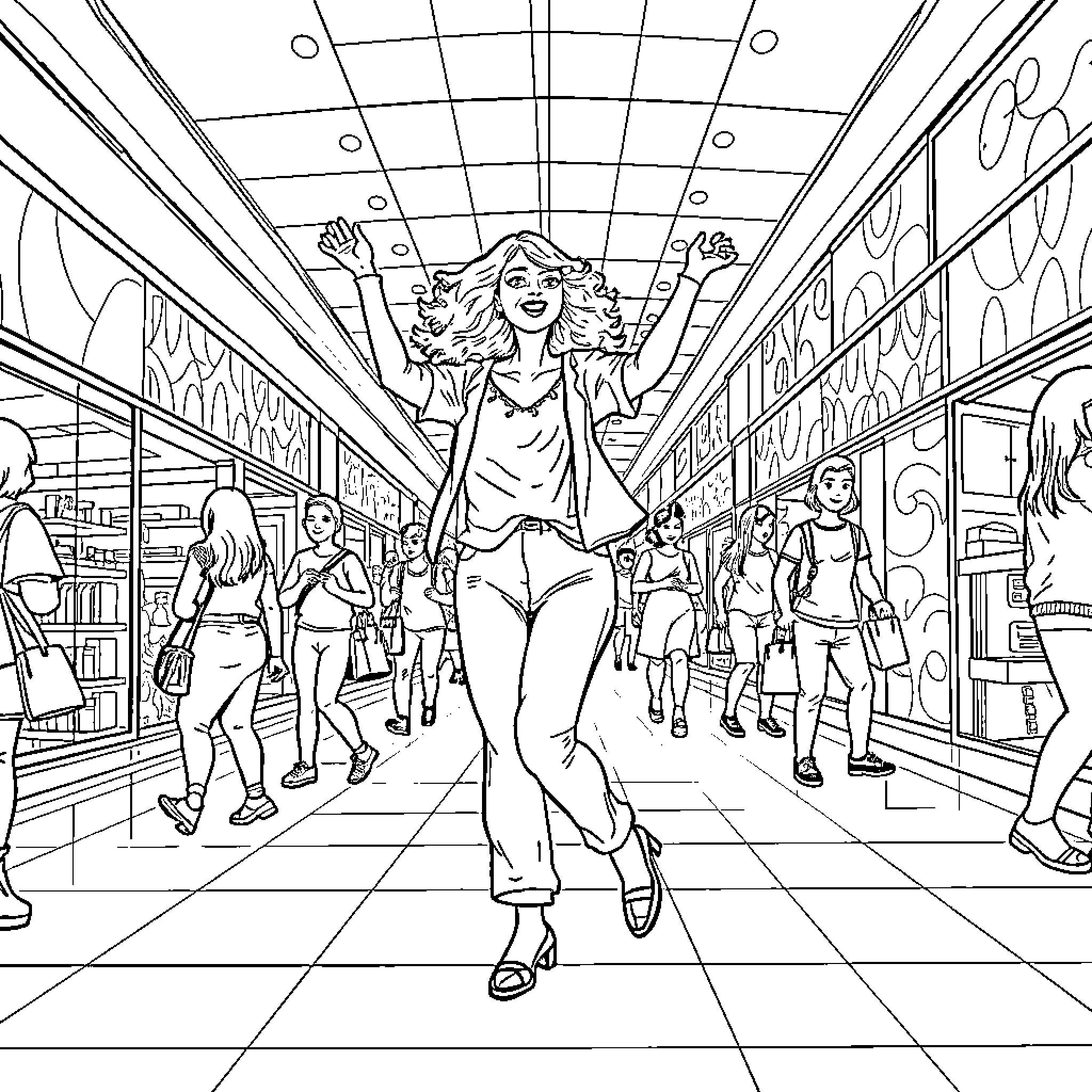 Mom celebrates joy in a bustling mall Coloring Page (free black-and-white line drawing printable PDF for all, from beginners to advanced learners, including children, teens, adults, and seniors)