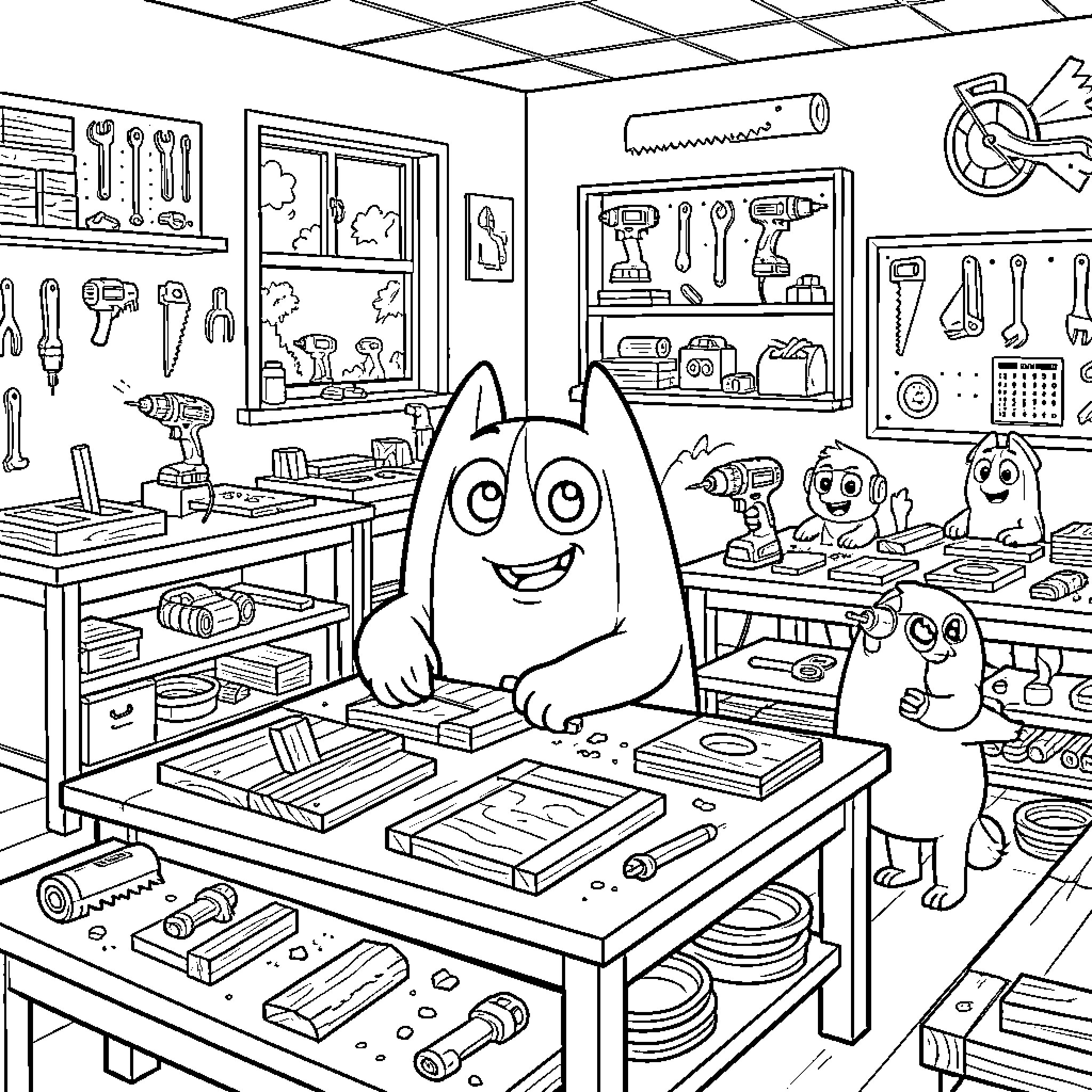 Bluey's Workshop Adventure with Playful Creatures Coloring Page (free black-and-white line drawing printable PDF for all, from beginners to advanced learners, including children, teens, adults, and seniors)