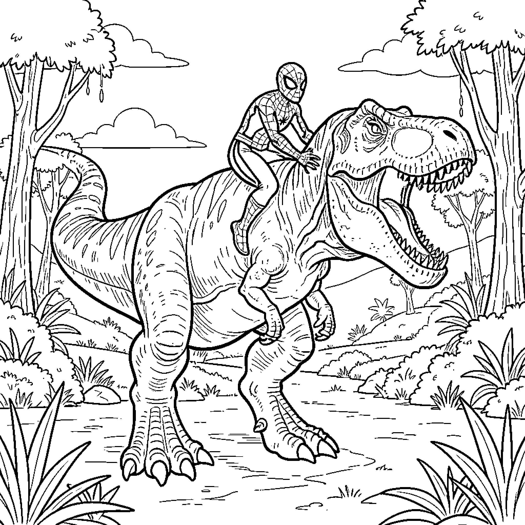 Spidey riding a large dinosaur through a jungle Coloring Page (free black-and-white line drawing printable PDF for all, from beginners to advanced learners, including children, teens, adults, and seniors)