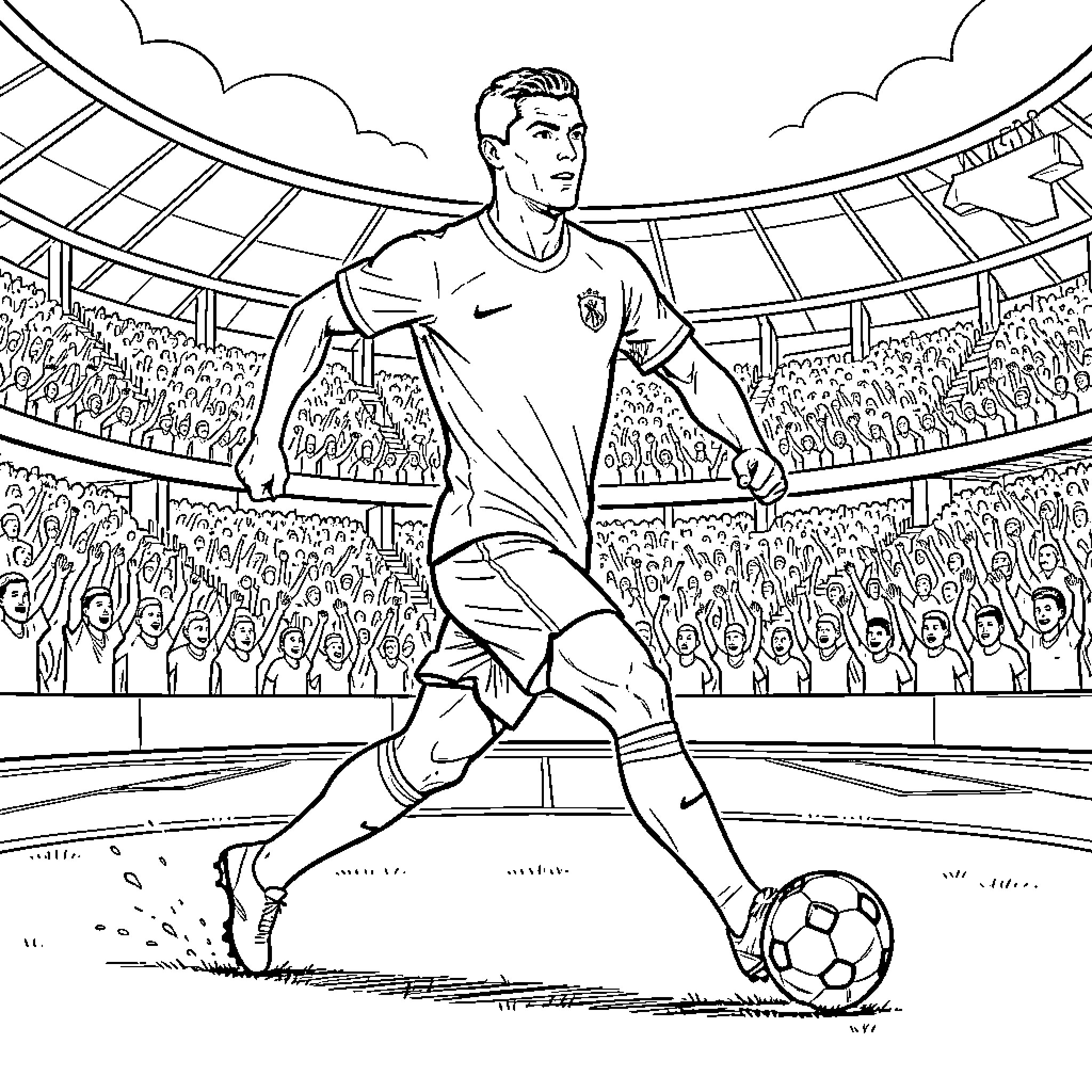 Ronaldo dribbling a soccer ball in a packed stadium Coloring Page (free black-and-white line drawing printable PDF for all, from beginners to advanced learners, including children, teens, adults, and seniors)