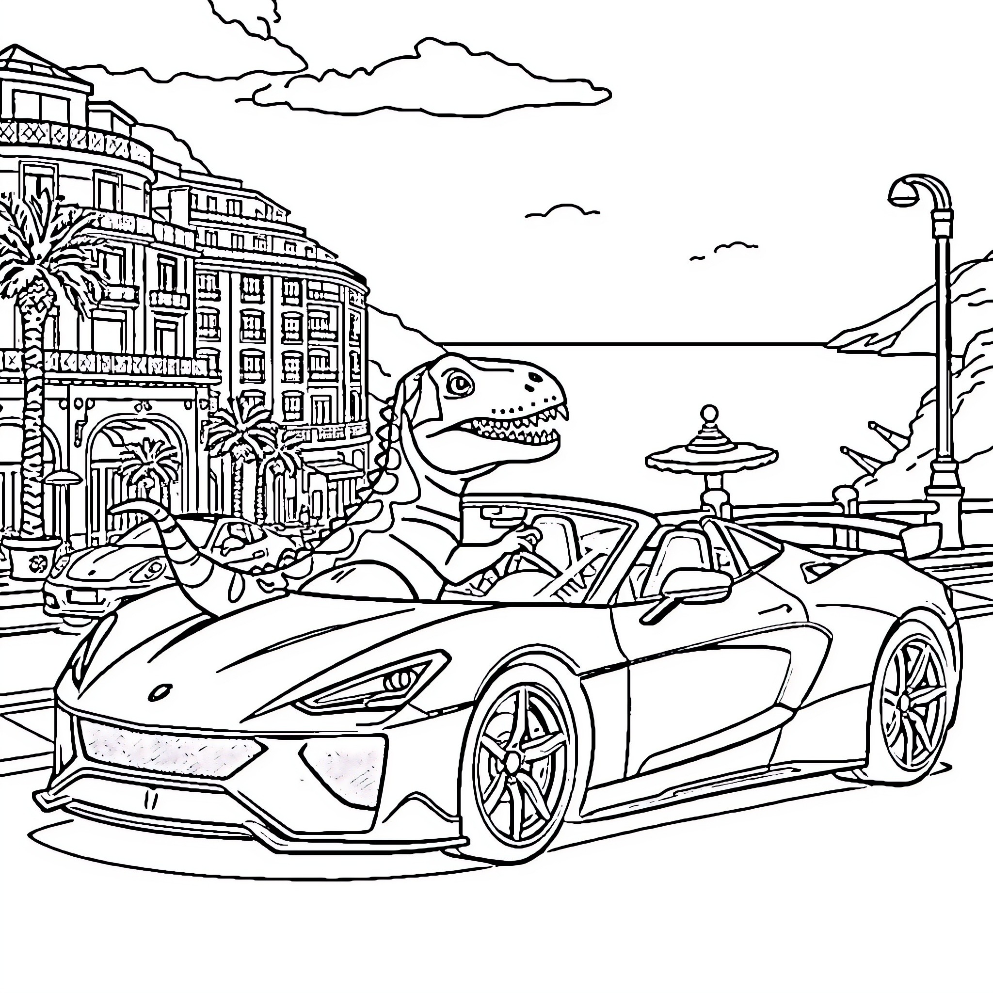 Dinosaur driving a sports car in a city scene Coloring Page (free black-and-white line drawing printable PDF for all, from beginners to advanced learners, including children, teens, adults, and seniors)