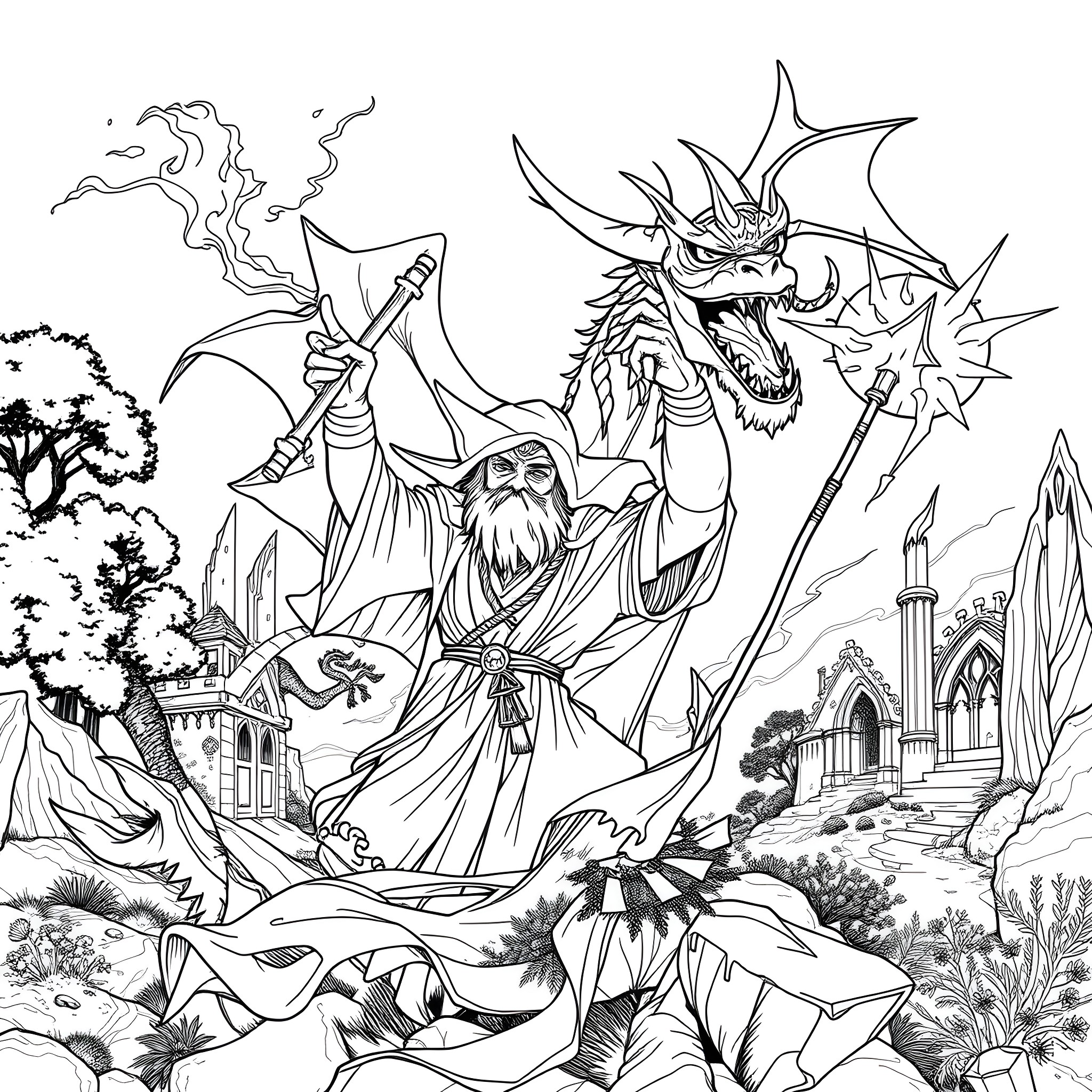 Wizard summoning a mighty dragon in a fantasy landscape Coloring Page (free black-and-white line drawing printable PDF for all, from beginners to advanced learners, including children, teens, adults, and seniors)