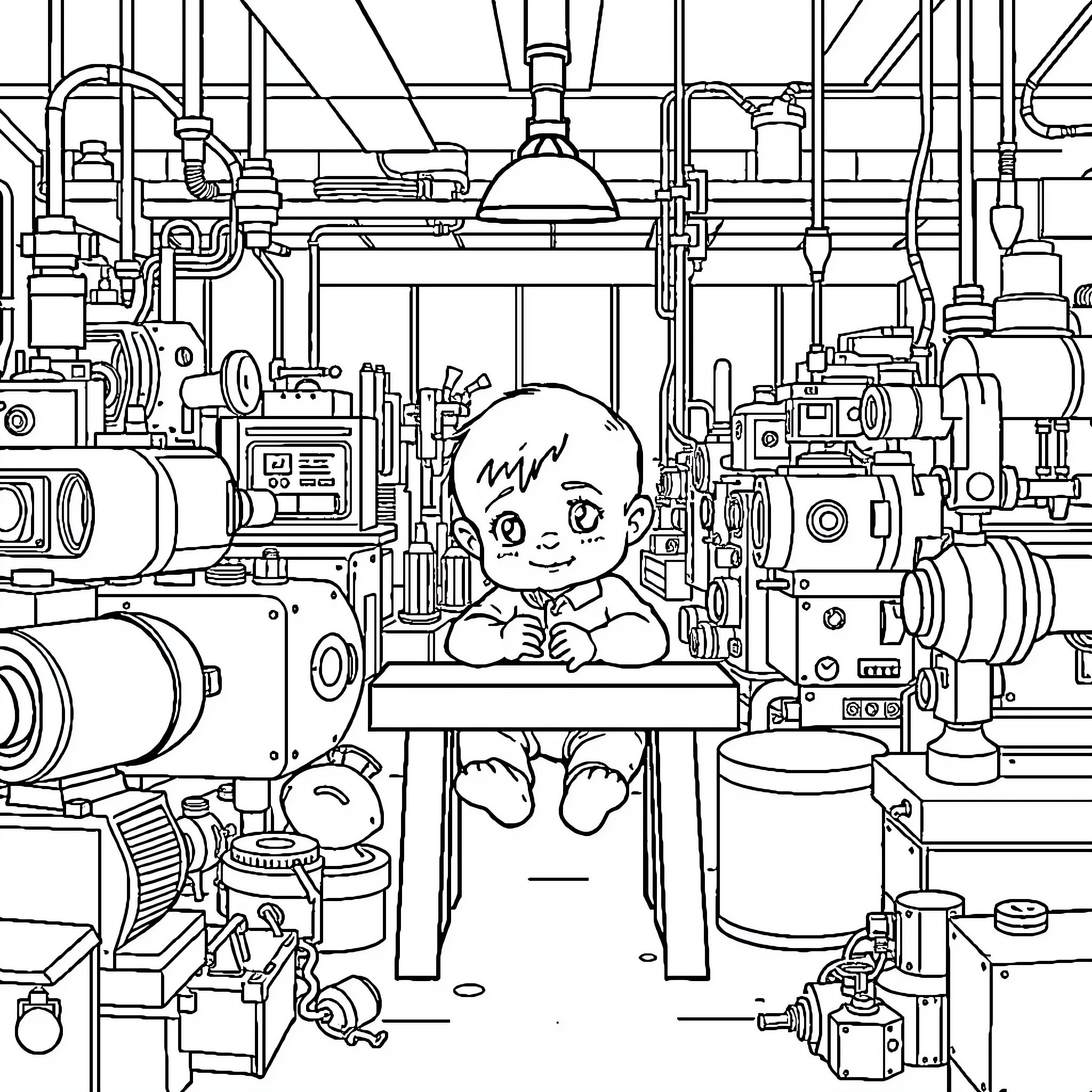 Baby Surrounded by Mechanical Wonders Coloring Page (free black-and-white line drawing printable PDF for all, from beginners to advanced learners, including children, teens, adults, and seniors)