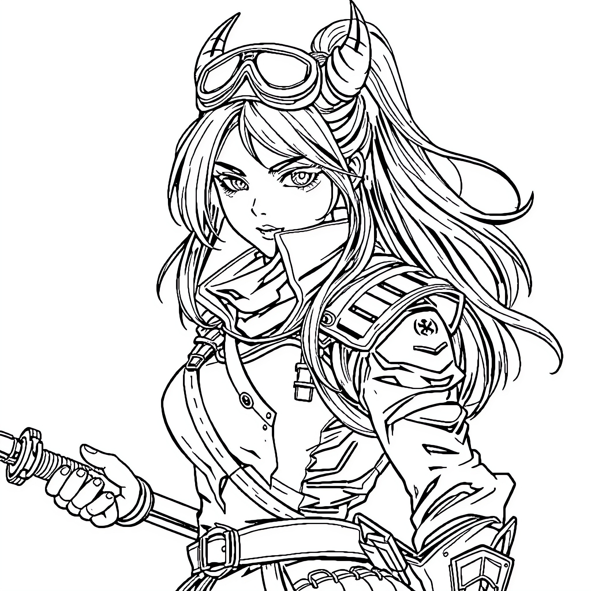 Rumi the heroic fantasy warrior in action pose Coloring Page (free black-and-white line drawing printable PDF for all, from beginners to advanced learners, including children, teens, adults, and seniors)