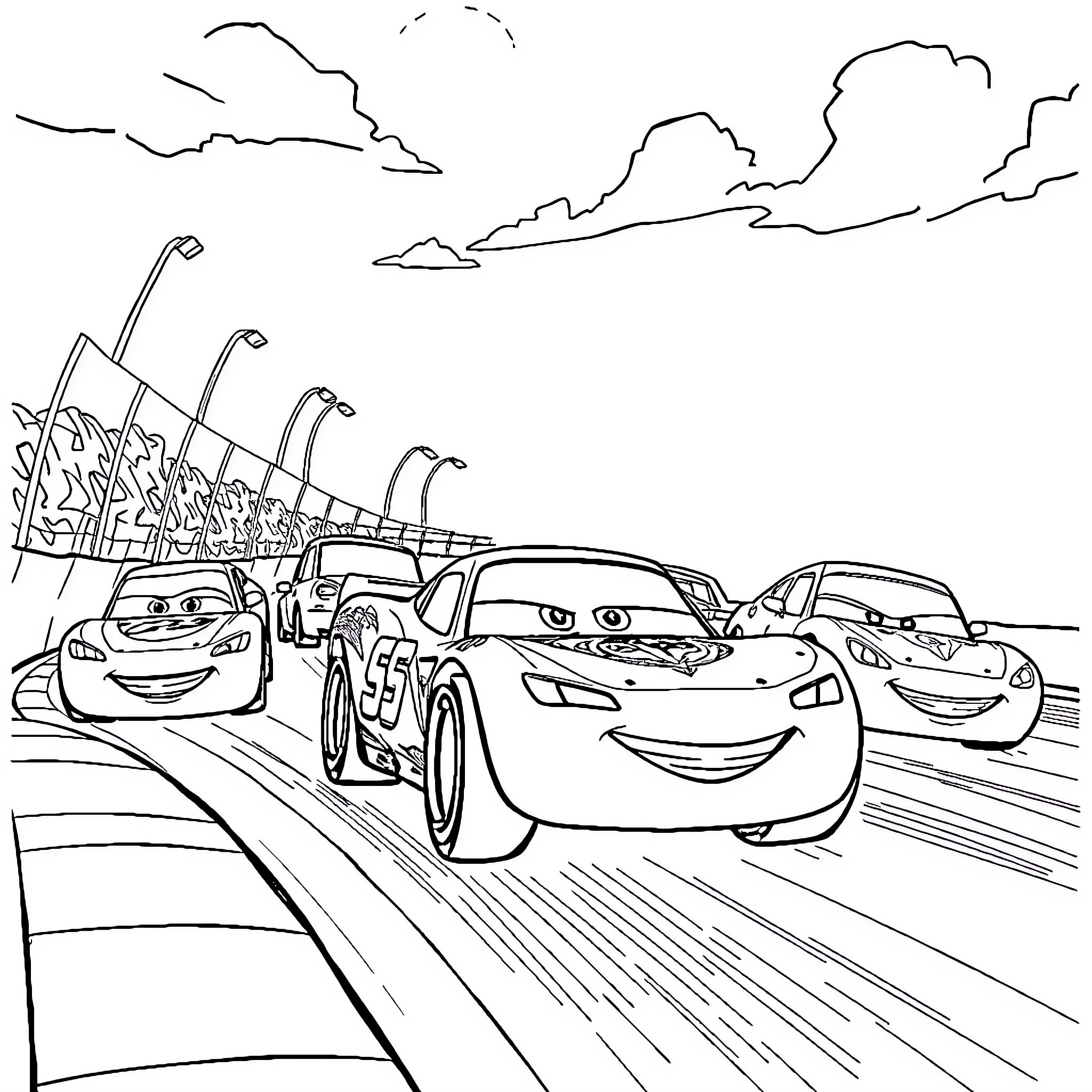 Lightning McQueen and friends race on the track Coloring Page (free black-and-white line drawing printable PDF for all, from beginners to advanced learners, including children, teens, adults, and seniors)