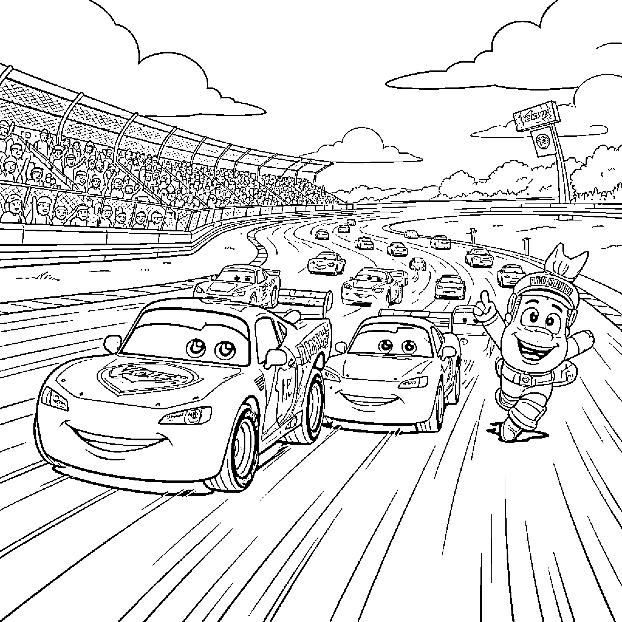 Car racing happily on a busy track Coloring Page (free black-and-white line drawing printable PDF for all, from beginners to advanced learners, including children, teens, adults, and seniors)